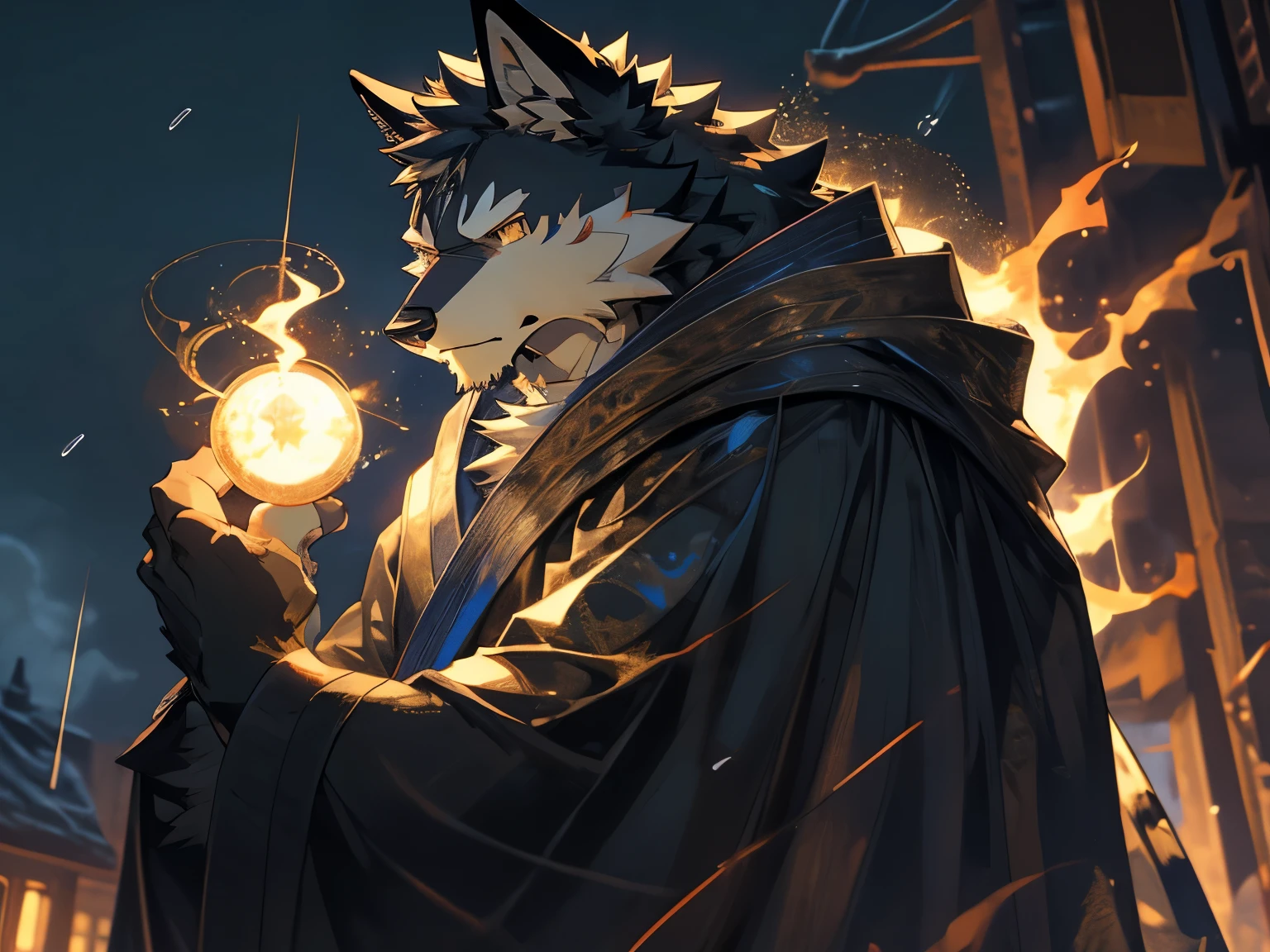 ((best quality)), ((masterpiece)), (detailed), perfect face,solo,kemono,night,fantasy,rainy,thunder,black fur,golden stripes,anthro black wolf.wore a robe that hugged his muscular frame, with a long blue cloak draped over his shoulders.golden eyes,magic,wizard hooded