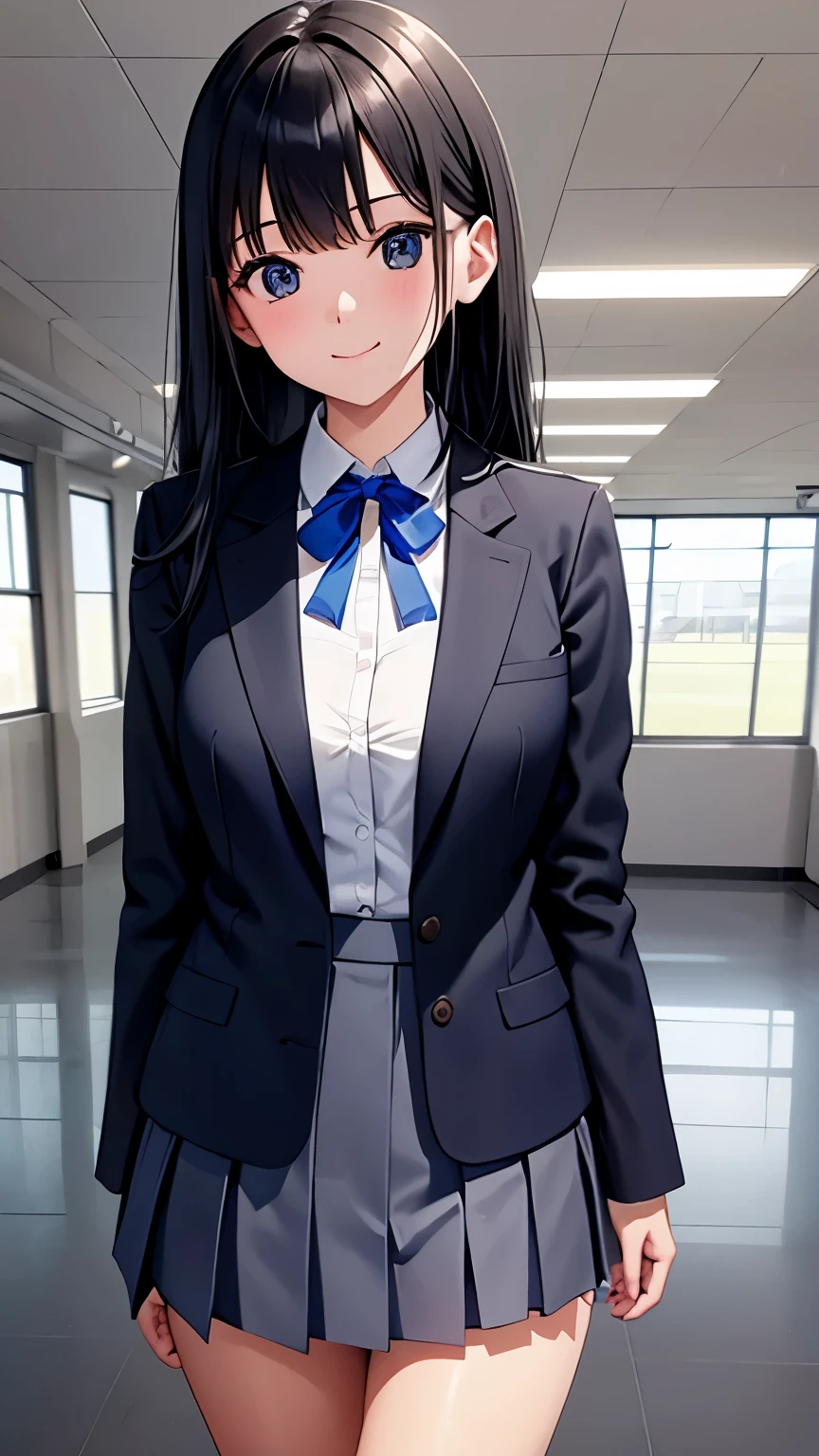 photo of sexy 1girl, tall,leggy,smile,standing in neat rows, in the school gymnasium, wearing NAVY Blazer school uniform, long sleeve, WHITE shirt, shiny blue ribbon,pleated GREY COLOR_mini_skirt, beautiful eyes, shiny black hair,BLACK short socks, full body shot, closeup shot, from front, from below, dutch angle shot, wide view,