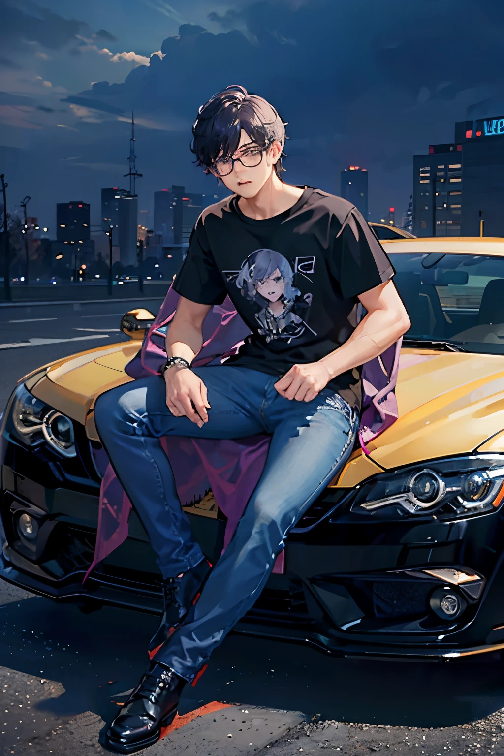 I want a young male with a book in one hand in addition to and a spirit for the background while the character is sitting on a sports car . The skin tone is in between brown and fair, mostly on fair side. the student has a mild jaw line and wears a box glasses . The face shape is a blend of round and V . the hair style is wavy spikes that drip in the front and are short on sides. The hair color is dark violet and black blend. The student wears a t shirt with a graphic print. the t-shirt is topped with a t-shirt that suits well for the combination. The bottom is a pair of stylish jeans with scratch style not torn. The character wears a thunder bolt locket. I. spirit behind the character and The spectacles on the character is a must.