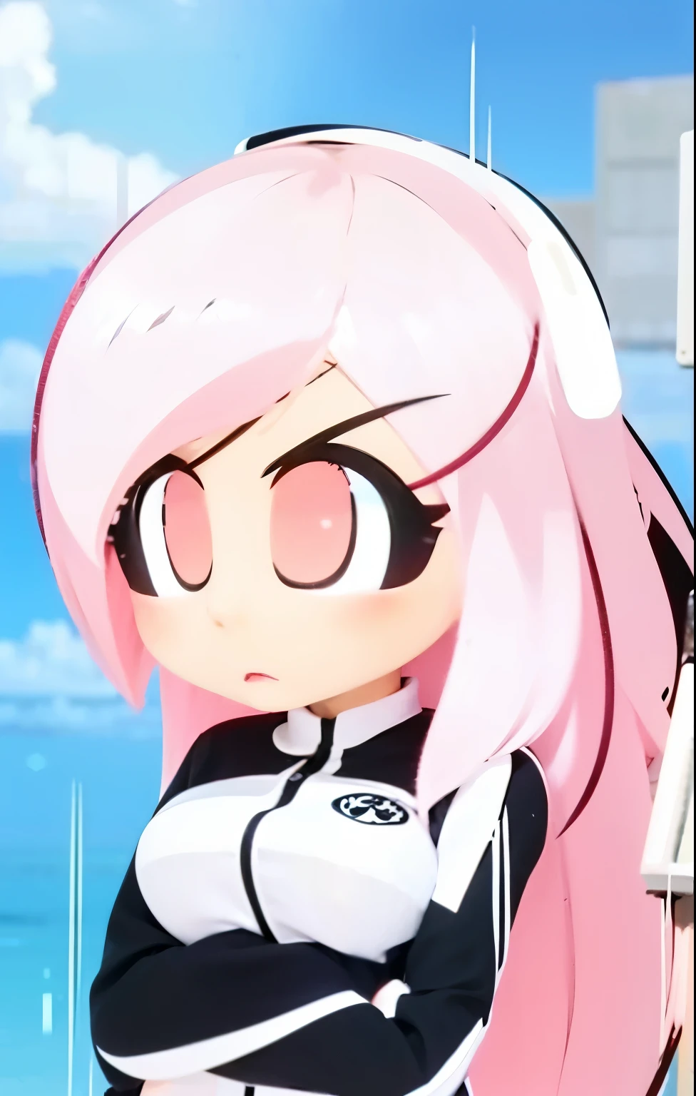 a cute girl with pink hair and white clothes skirt, and is standing still