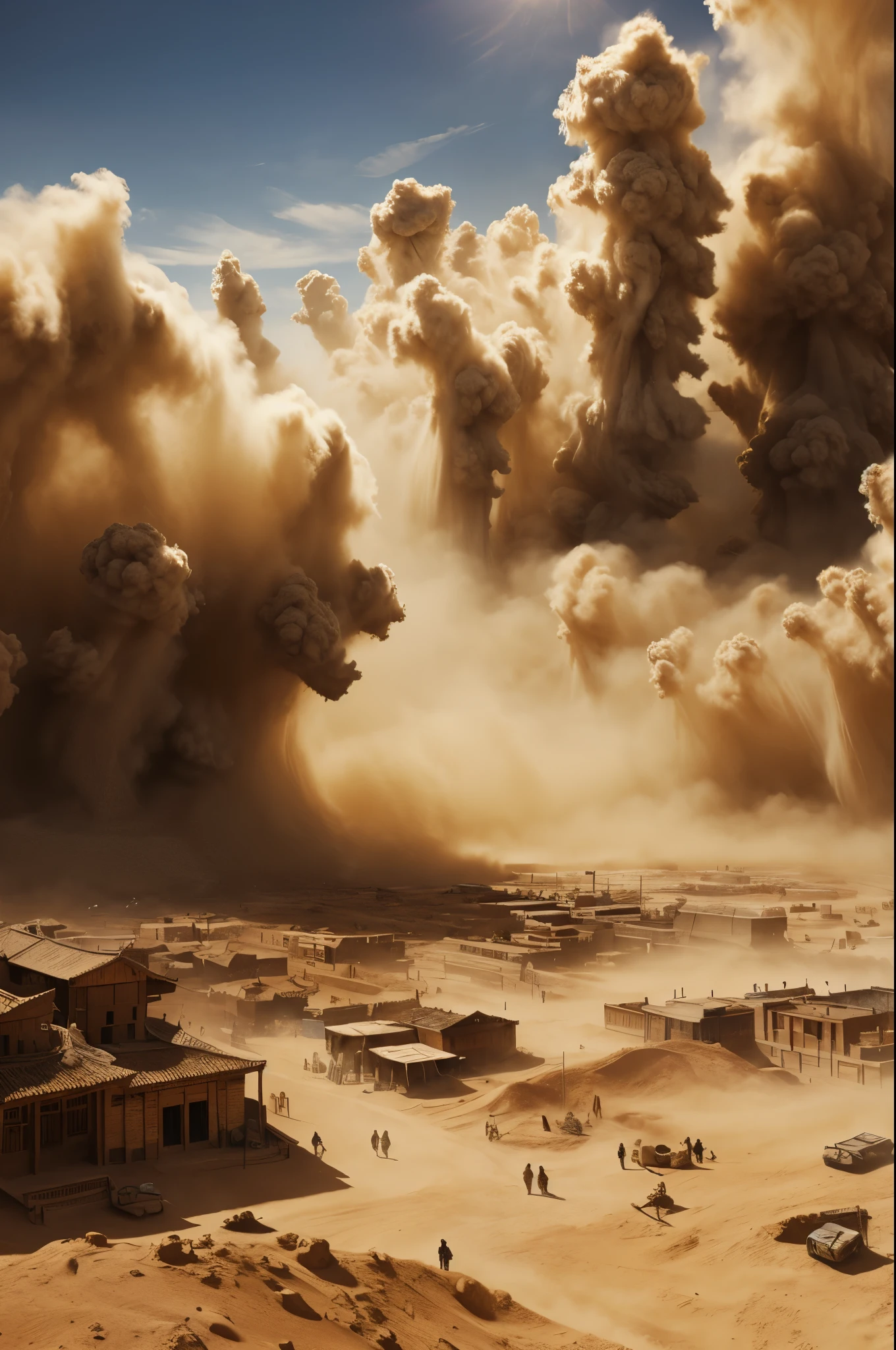 masterpiece, best quality, extremely detailed, hyperrealistic, photorealistic, city, sandstorm