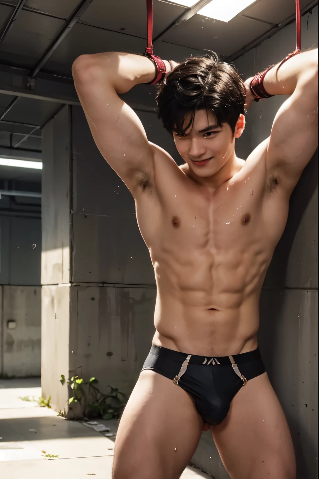 BDSM, bondage costume, bondage in public, An attractive 17 year old fit white boy smiling mockingly, ge wear kinky chest harness, garter straps, Harness strap, neck strap, ((sweat)), topless, wearing kinky chest harness, garter straps, Harness strap, neck strap, wearing leather thong, Very hairy armpits, m Slim fit body, boy, cute face, young kids, Very young teenager boyowded street scenery, Outdoors, he wore a small Tiny thong covering half of his big dick, Sweat dripping all over the body, sweat covering all over the body, Full body photo, wearing Very tiny thong Proudly showing off his sweaty very hairy armpits to audience, dickprint, completely naked, 17 years old boy boy, Cinematic soft lighting illuminates a stunningly detailed and ultra-realistic handsome korean male supermodel, ultra messy curly hair, clear honey eyes, captivating perfect smile, sensual, hot man, insanely handsome, showing off his sweaty body, very sixpack muscular body build, slender, toned, full body, 8k, photography, masterpiece, detailed face, detailed eyes, sexy, beautiful abdomen and beautiful legs and a detailed big hard bulge, expression of ecstasy, excited, slim, detailed eyes and lips, sixpack and fit body. Image quality is of the highest standard, with ultra-detailed features and a realistic appearance. The colors are bright and vibrant, enhancing the overall aesthetic. The lighting is soft and natural, casting a soft glow on the boy, don't merge body's