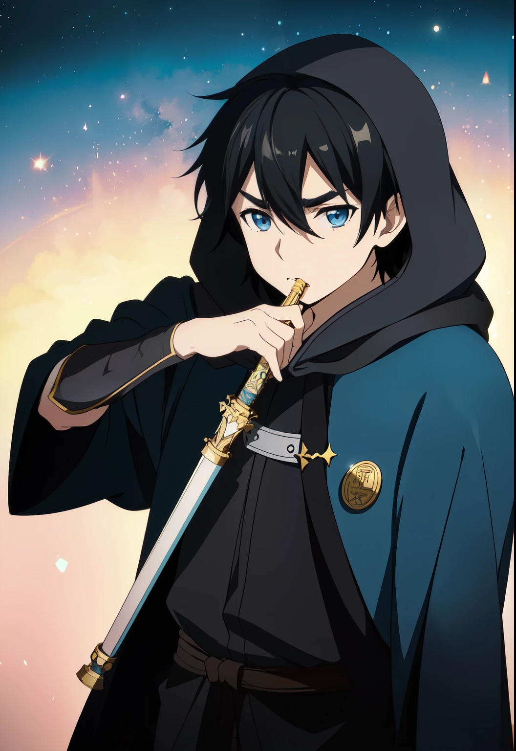 ((anime)) ,(((Guy 21 years old))) , (((A young man))), (pale blue eyeasterpiece:1.2), Best quality, A high resolution, unity 8k wallpaper, (illustration:1.2), very detailed guy's face, (perfect hands, Ideal Anatomy), ((night : 1.3)), (((Harsh lighting))), (((Medieval cloak with hood))), ((the cloak hides his figure)), (((Hood on head))) , black hair, ((long bangs:1.2)), (((Kirito's hairstyle: 1.2))), (thick bangs), (((very thick eyebrows))), (((Thick eyebrows))), ((worth one)), (((plays the flute)))