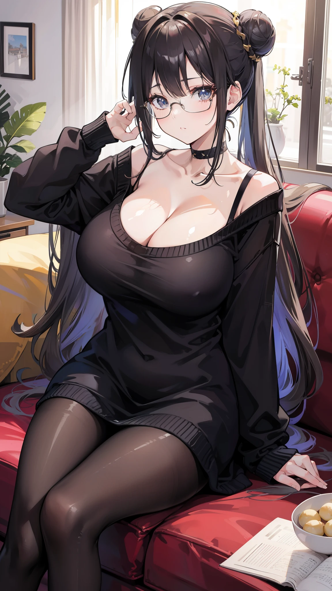 beautiful girl,mature women,(),(Married woman),in the living room,Sitting on the sofa,sweater,(开胸sweater),Long golden hair tied up,bun hair,square frame glasses,black pantyhose,Big breasts,cleavage