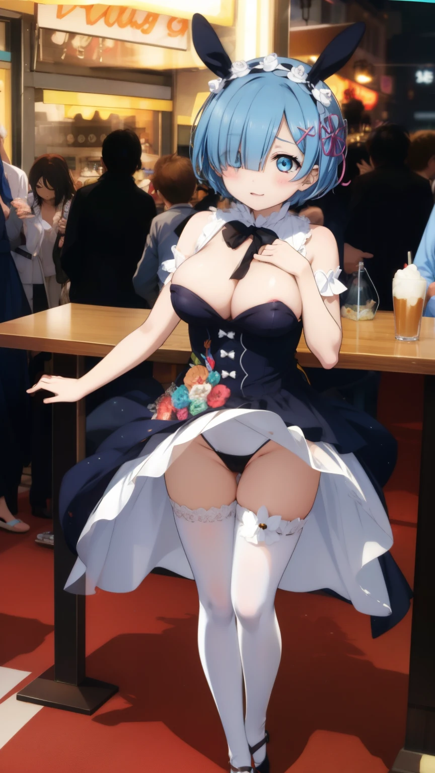 Rem from Re:Zero、light blue hair、short hair、table top、High resolution、many girls multiple girls、large crowd、lots of cute girls、big and full breasts、naughty body、See-through、throw、、whole body、Are standing、Look up at me、confused face、blush、embarrassing、Excited、white breath、black pantyhose、female shape&#39;Private parts are clearly visible、I can see your nipples、BAR、bar counter、Many people々々々々、in the crowd、bare chest、show your chest、Upper grade、A lot of milk comes out from the nipples、Breast milk gushes from the nipple、Bunny girl、gossiper、rabbit ears、Leotard figure、Bangs that cover one eye、pink hairpin、sit on the bed、black high heels、open your legs、open thighs、emphasize the chest、chest to chest、night viewが見える部屋、night view、