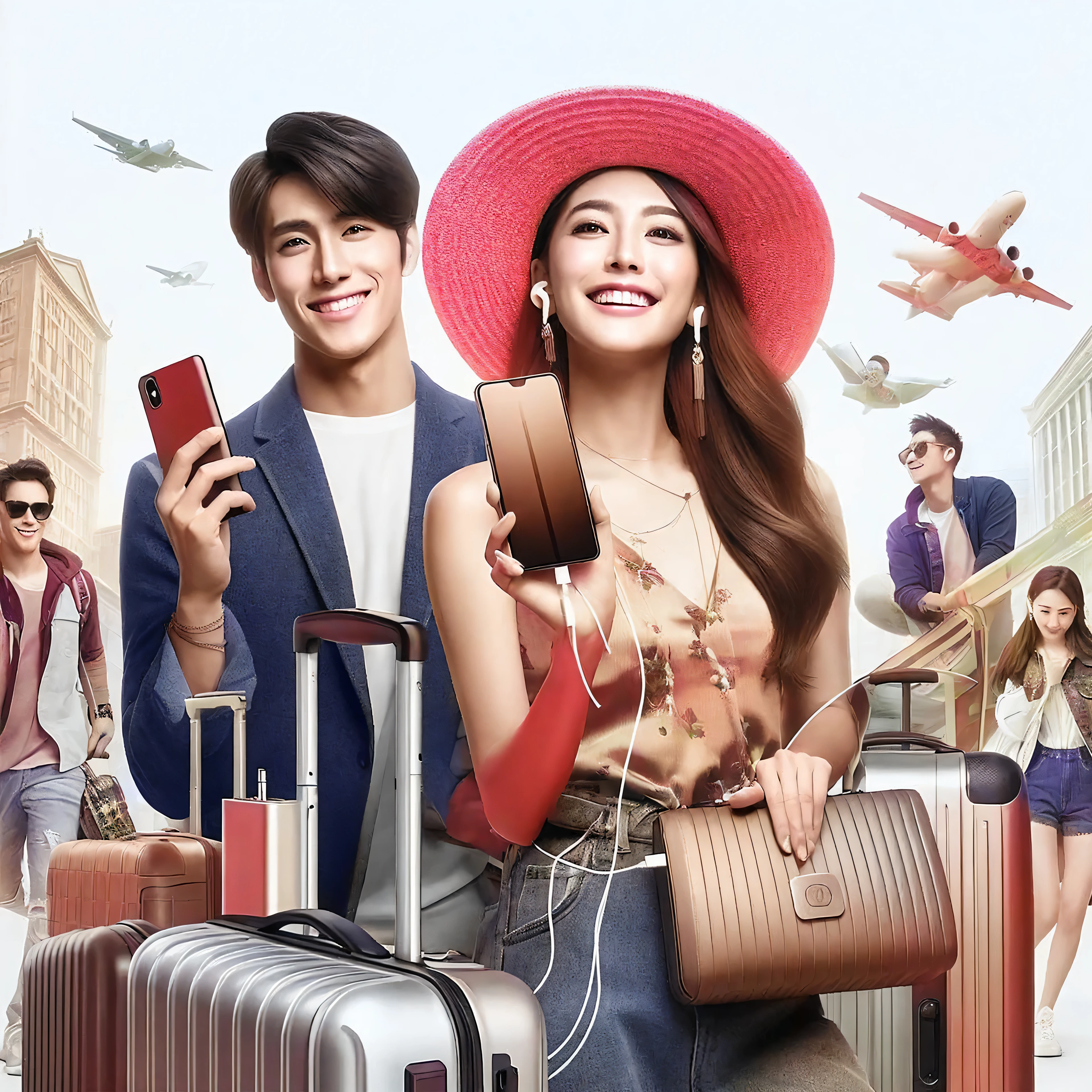 a woman and a man are standing next to each other with luggage, a promotional image, a movie promotional image, a travel ad, an advertising photo, promotional art, a portrait shot, an ad image, and more details, by Ni Yuanlu, cover shot, key art, Hermes ad, 🕹️ 😎 🔫 🤖 🚬, official illustration, backdrop, promotional images, sleek design. Award Winning Print Advertisement, poster image of a vivid documentary photo, randomly characteristic, very stylish Chinese women model and men model with a smile expression, wearing a very stylish modern casual outfit, doing random and varies outdoor activities while using a power bank, smartphone, iPad, earbuds, Capture moments that confident and the convenience of staying charged on the go with power bank, no cropped, on white background, add traveler luggage, a concert item, a vacation item, with tech and energy vibe. Enhance key light & fill light, very high level of image clarity, Cinematic lighting, zoom-in focus lens, High contrast, HDR10+, and High sharpness. color correction, octane render, 60k, hyper-realistic, high key, extreme depth of field, rules of third.