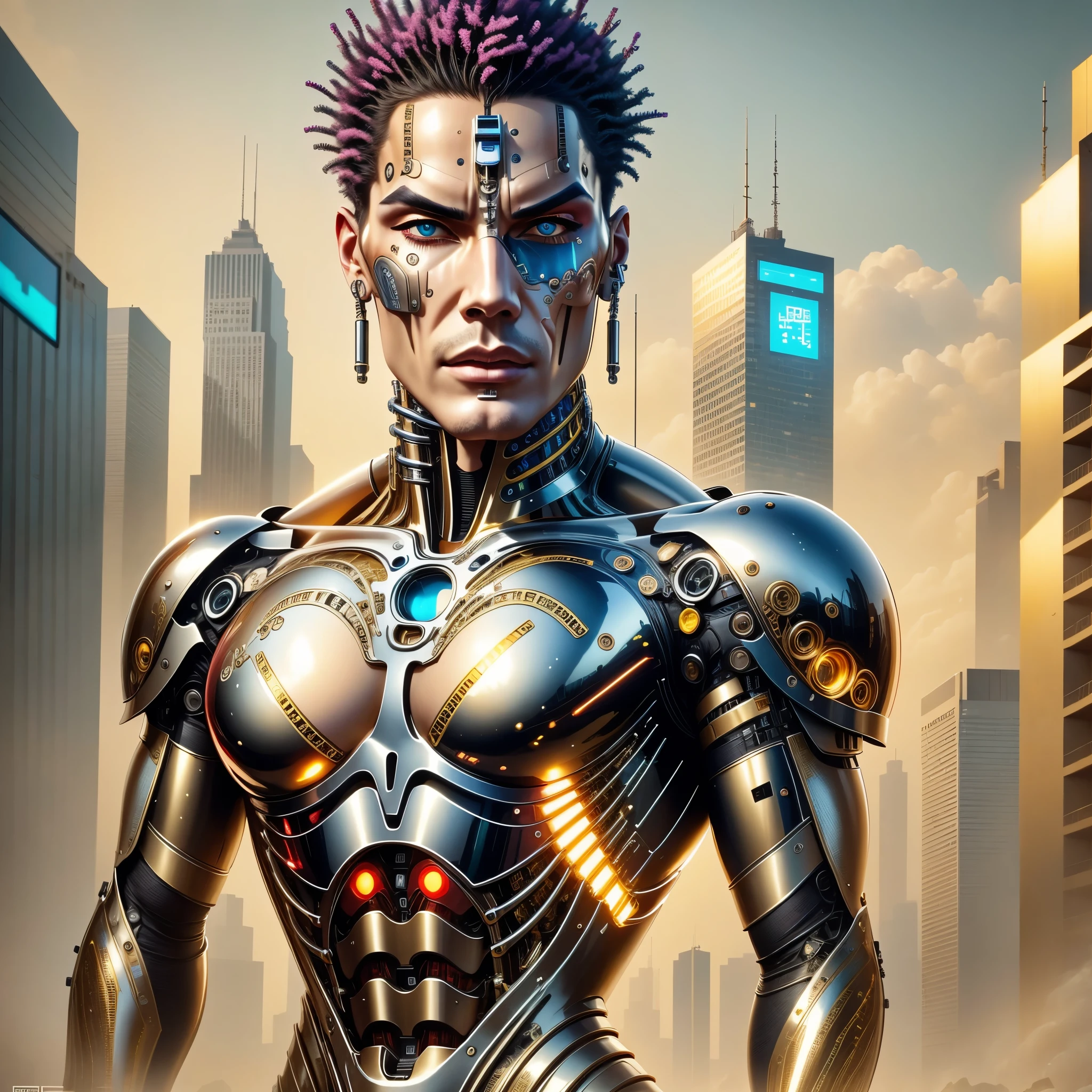 original photography, Super detailed, male, cybernetic neck, (cyborg: 1.5), A ruined city block in the background, Vibrant details, Luxury Cyberpunk, hyper-actual, anatomical, elegant, 8K, best quality, masterpiece, Very detailed, (actual, photo-actual: 1.37), portrait.