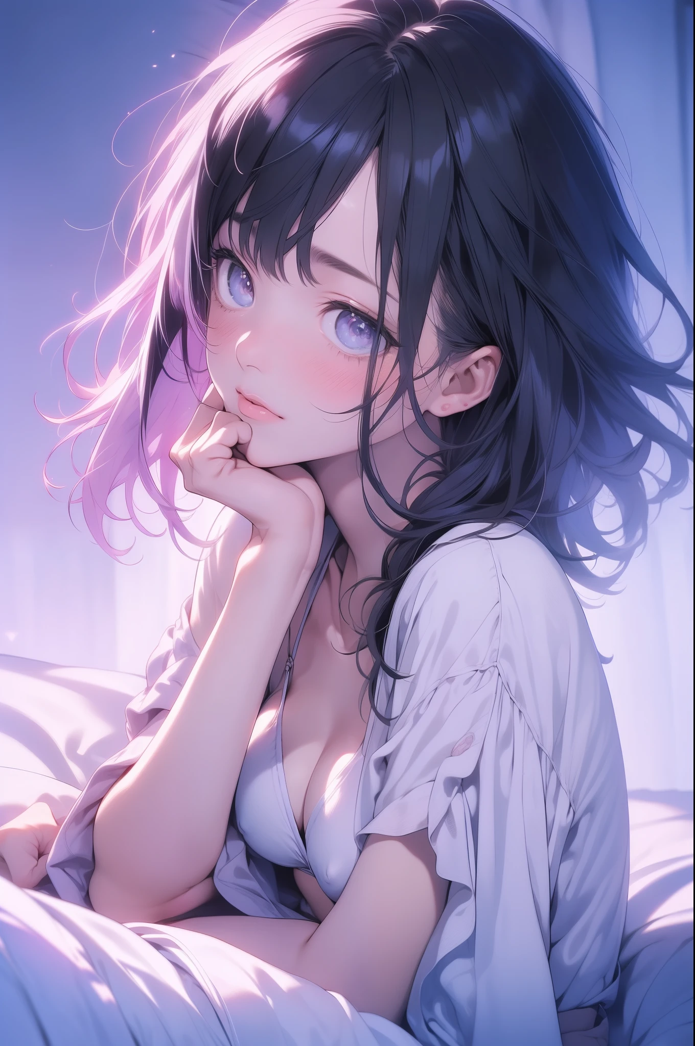 (64k, Raw photo, highest quality, Masterpiece 11.4), (realistic, photo-realistic:1.37), Photo of a Japanese girl wearing black clothes((Loose)camisole), nature(medium breasts:1.35), (micro:1.4)lace panties, look away, (K-POPアイドル), ((Liar on the bed)), Liar, messy hair, medium hair, (pink blush), (lit), [[spread legs, spread your legs]], (alone), dynamic pose, ((erect nipples)), (female pubic hair), (puffy eyes:1.3), (slim legs), HDR, very detailed, ambient occlusion, nature, harmonious composition, fine art photography,Purple and blue gradation eyes wrapped in the mystery of the universe,(string bikini:1.2)、perfect lighting, (perfect hands, perfect anatomy)、whole body（1:2）
