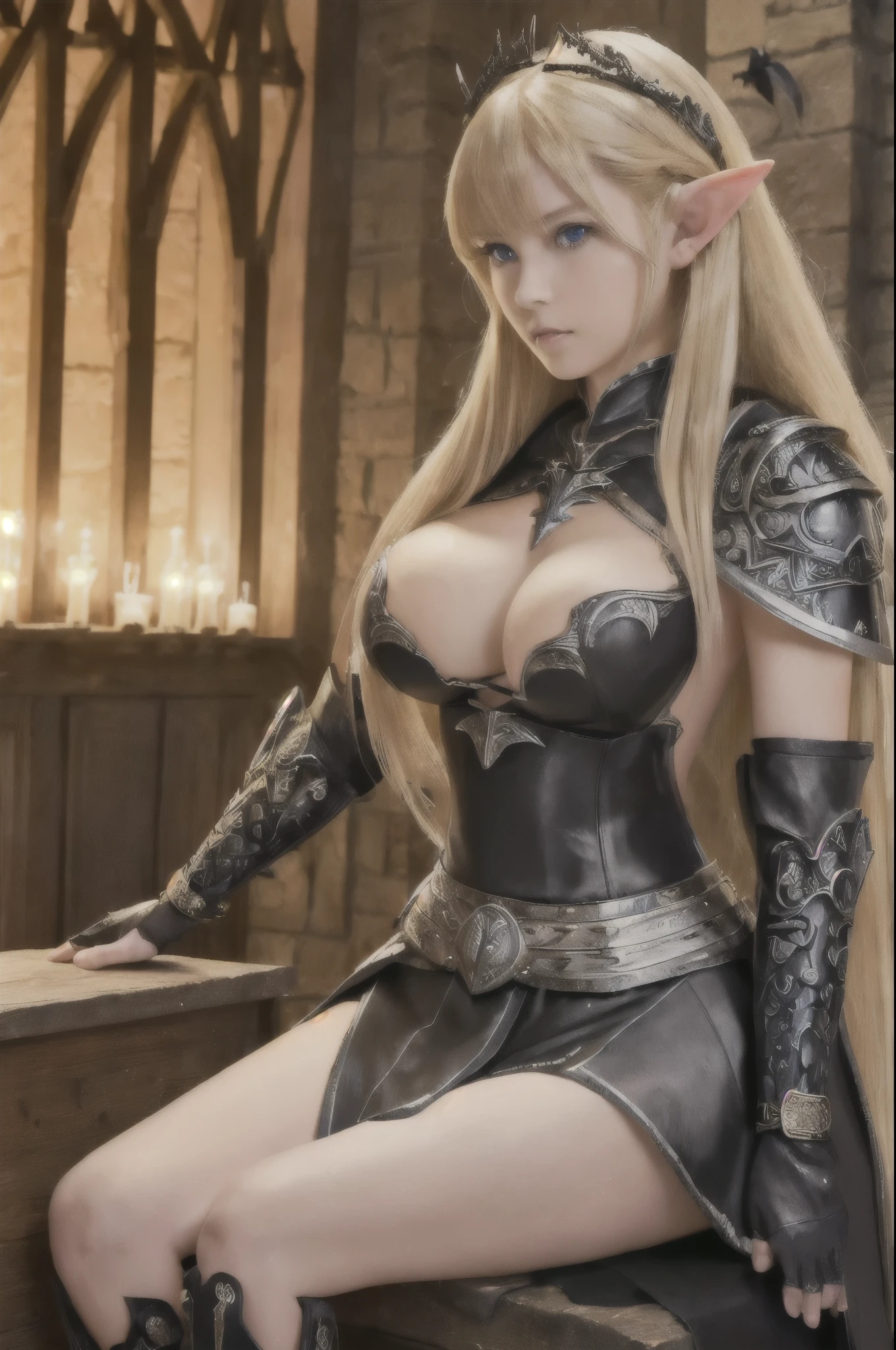 1girl, (17years old), ((beautiful anime eyes with fine detail)), offshoulder, elf ears, very long blond hair, bangs, leather fantasy clothes, elf girl, (big breast:1.5), (((full body))), silver details, medieval clothes, detailed face, bootagic staff, beltt, bracelets, (((shoulder armor))), elegant, (((furr))), dress, (((crow in her shoulder))), realistic skin, (intricate details), best lighting, depth field, ((ultra high resolution, high res)), {highres}, {{very fine 8KCG wallpapers}}, {{very precise detailed}}, ((((masterpiece)))),