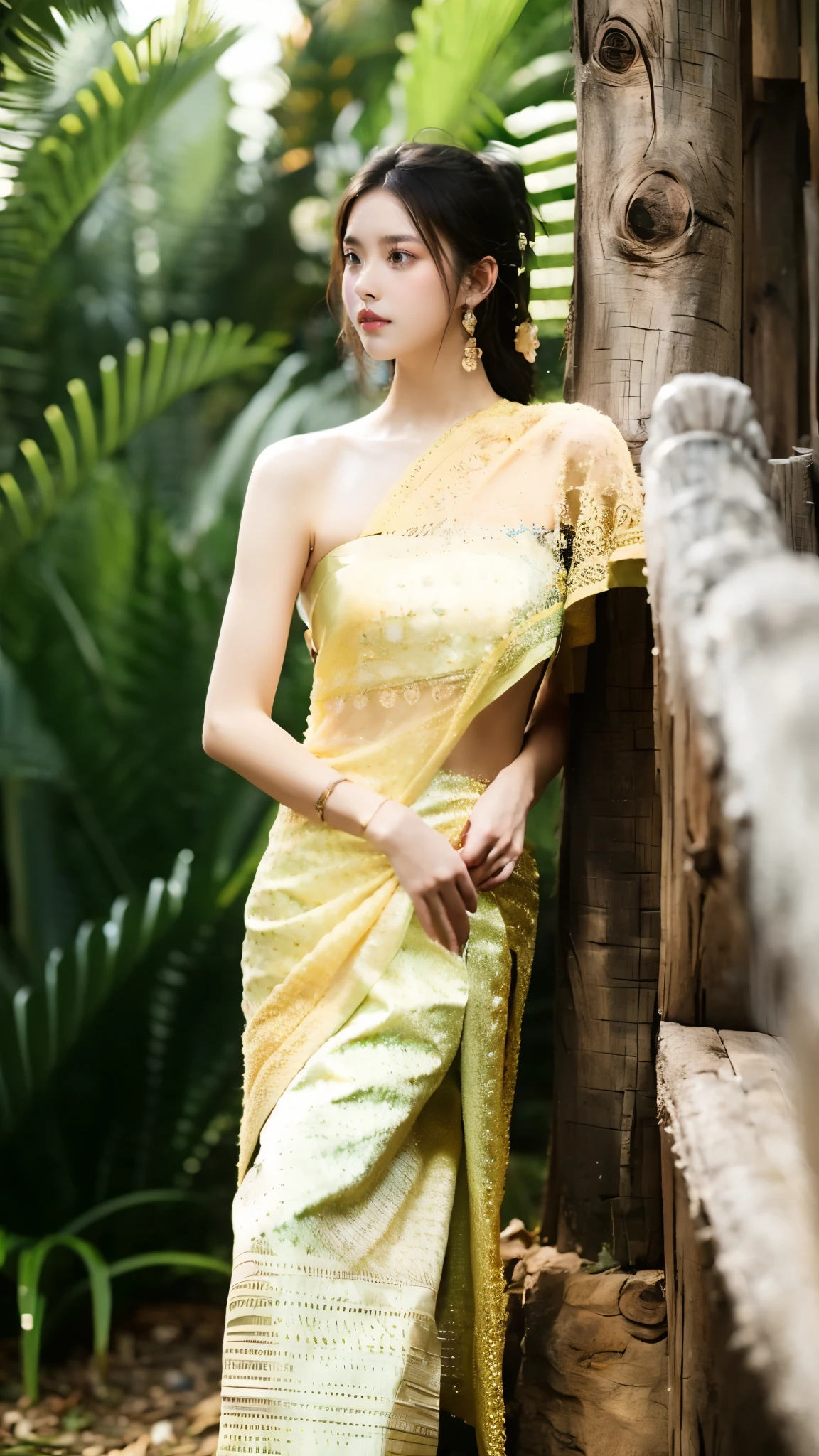 (masterpiece, best quality:1.2),1girl, bare shoulders, black hair, breasts,Wooden wall, bush,Dai ethnic skirt, earrings, flower, garden,Chinese Dai ethnic clothing,Diagonal draped light gauze skirt, strapless dress, grass, hair bun, jewelry, makeup, outdoors, plant, red lips, solo, standing