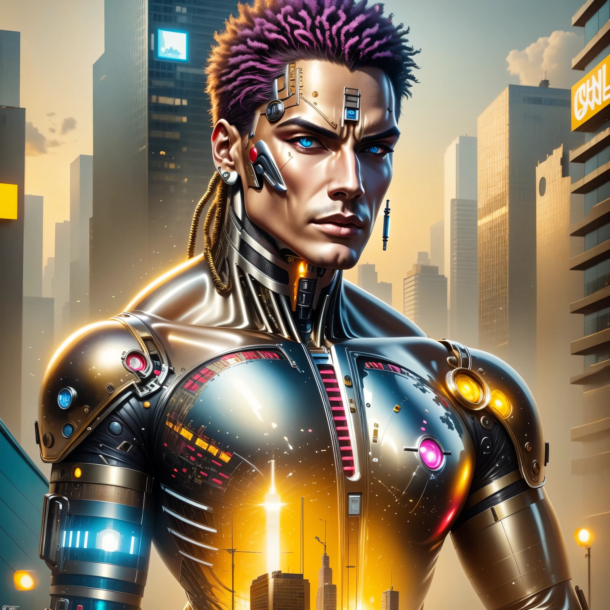 original photography, Super detailed, male, cybernetic neck, (cyborg: 1.5), A ruined city block in the background, Vibrant details, Luxury Cyberpunk, hyper-actual, anatomical, elegant, 8K, best quality, masterpiece, Very detailed, (actual, photo-actual: 1.37), portrait.