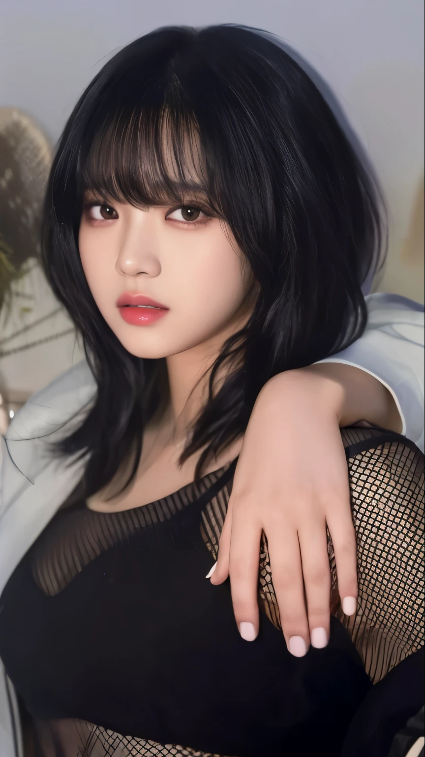 un primer plano de una mujer con un top negro y medias de rejilla, sui ishida con cabello negro, Yoshitomo Nara, Lalisa Manobal, kiko mizuhara, ella tiene el pelo negro con flequillo, chiho, young sensual gravure idol, japanese model, Hwang se - es, hermosa mujer surcoreana blackpink lisa 