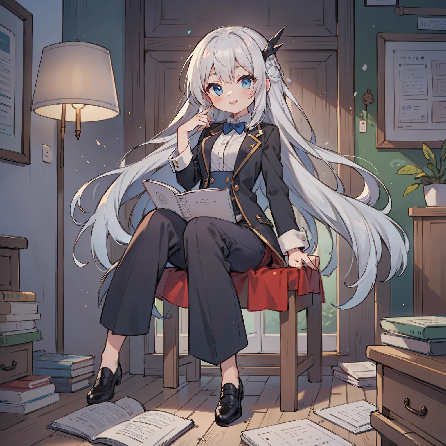 (long silver hair girl),((studying)),(Pants style with tuxedo),blue eyes,open your mouth, dull smile, Full body Esbian,(((a bit))),(alone),(best image quality, In 8K, masterpiece, Super detailed),