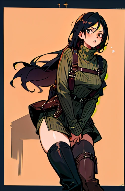 masterpiece, cute, young, long hair, best quality, in zombie home, ((worried ..expression)) ,1girl, RE4, military sweater dress, turtleneck, ribbed sweater, thigh high boots, harness, best quality, masterpiece, highres gorgeous design, best quality