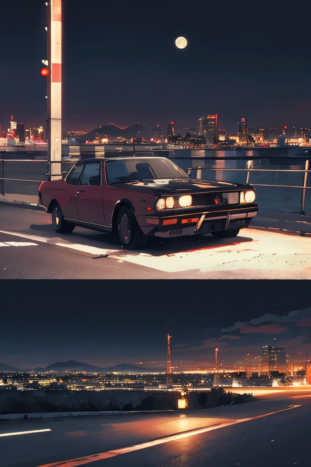 ((best quality)), ((masterpiece)), (detailed), retrowave. City, 1969 Nissan S 30, wide body kit, Road, WHITE NEON MONITOR LIGHT, Moon, Mountain, (Masterpiece, Detailed, A high resolution),DRAG BODY KIT