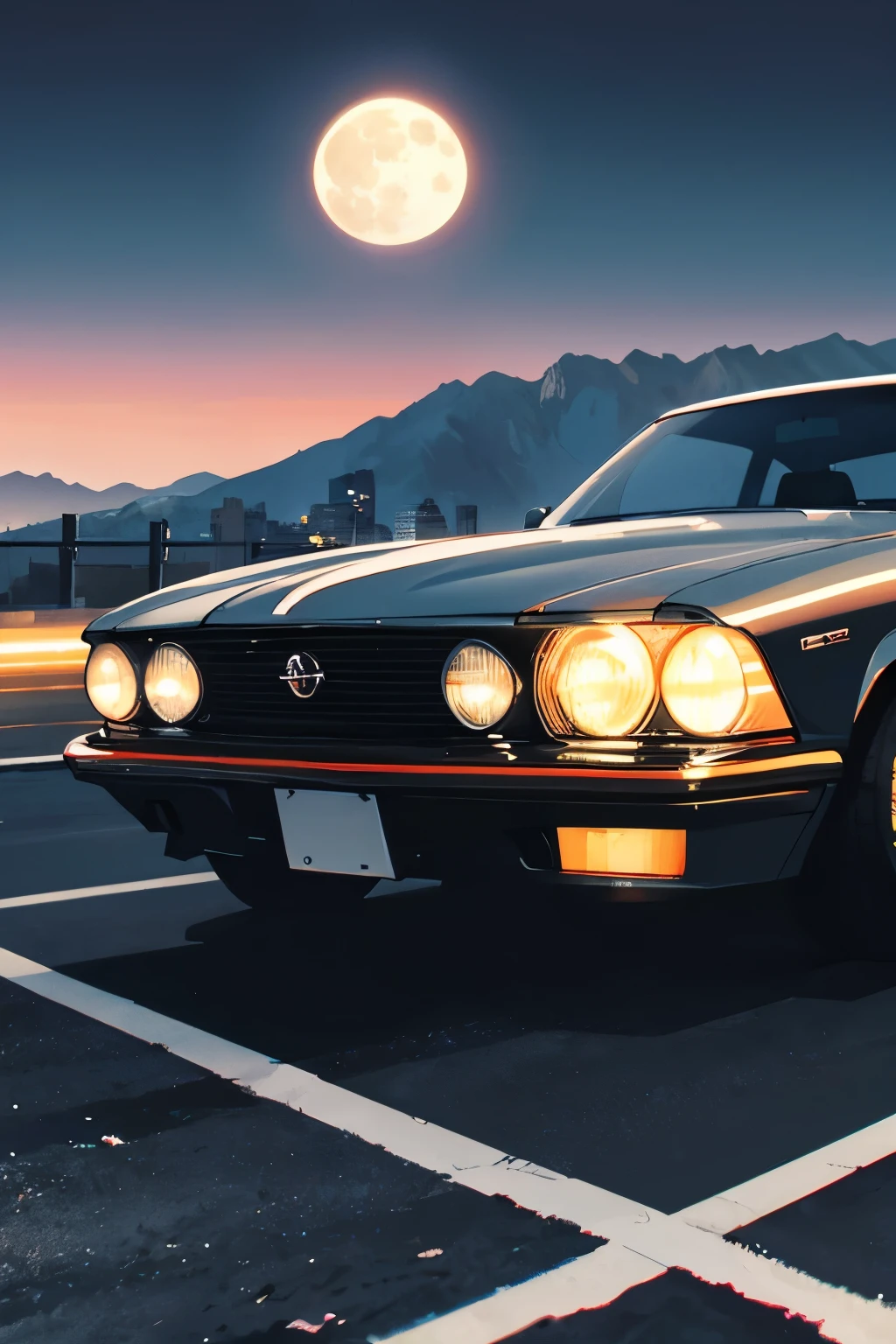 ((best quality)), ((masterpiece)), (detailed), retrowave. City, 1969 Nissan S 30, wide body kit, Road, WHITE NEON MONITOR LIGHT, Moon, Mountain, (Masterpiece, Detailed, A high resolution),DRAG BODY KIT