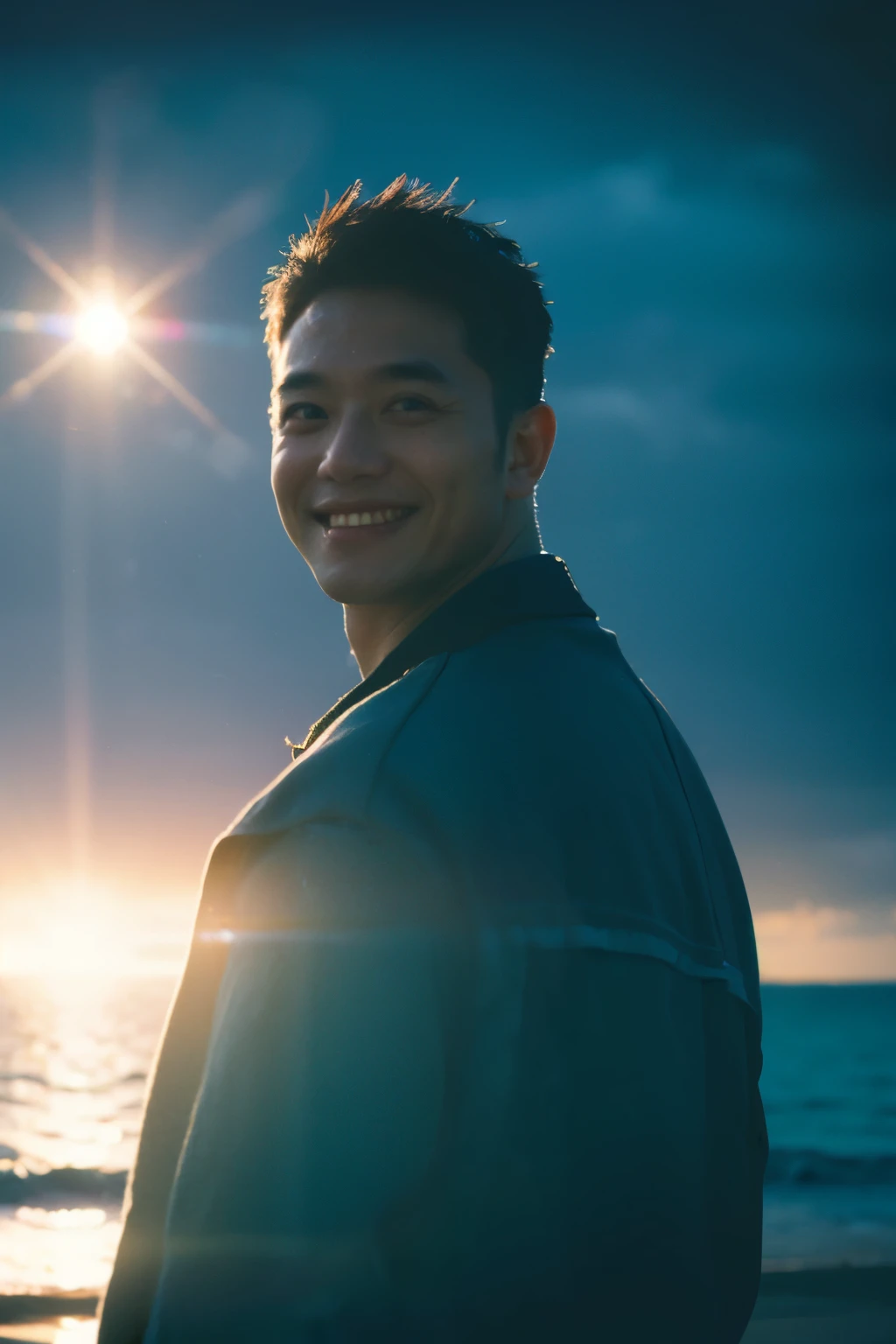 Best Quality,Masterpiece,Ultra High Resolution,(Realisticity:1.4),Original Photo,Cinematic Lighting,
1Man,smile,backlighting,ocean,