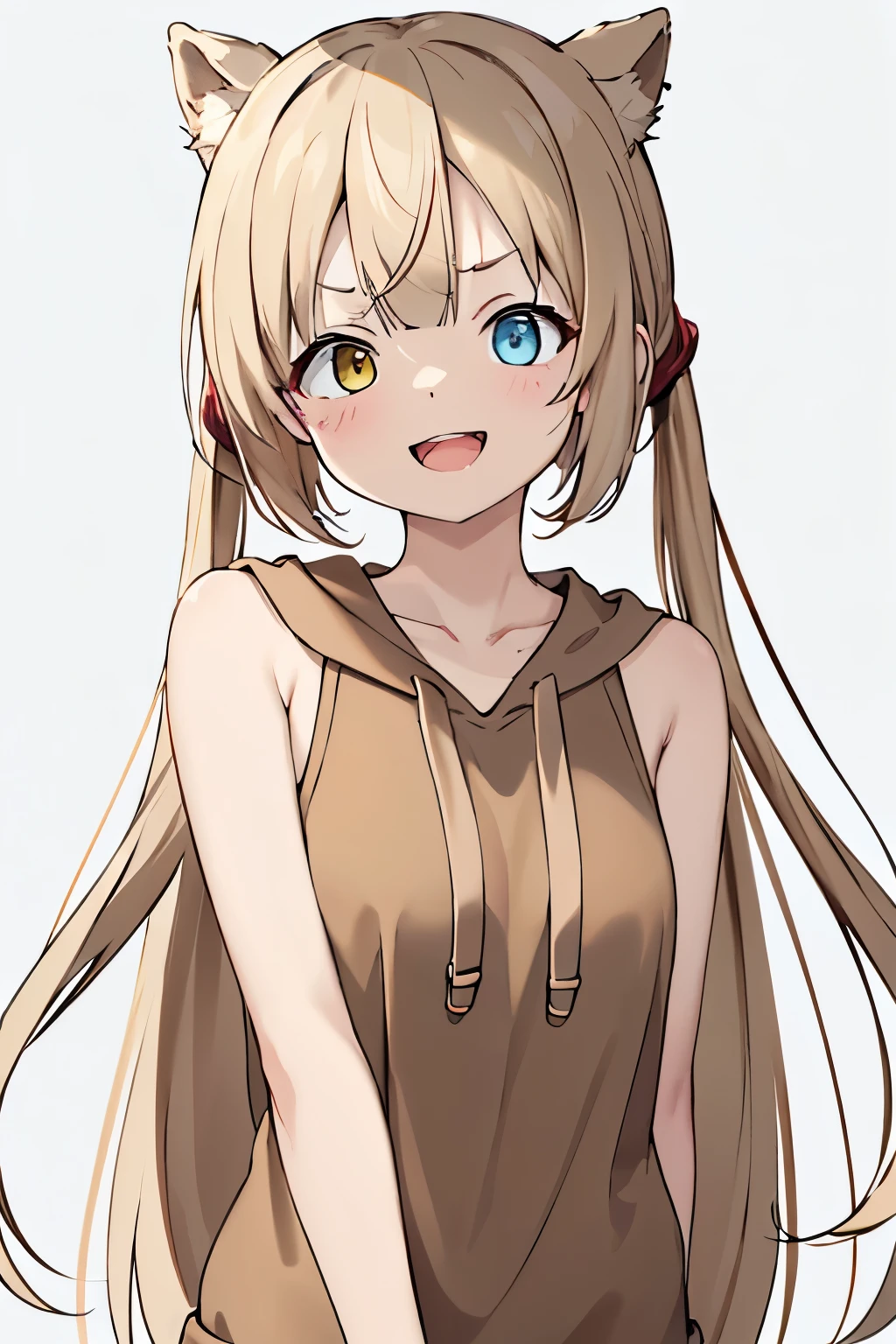 Highest quality, masterpiece, No correction, Beark 1 dhibi girl,shinosawa hiro,thin,Orange eyes,White eyelashes,Blonde,Long Hair,Hair Clip,flat chest,white background,highleg swimsuit,black,smile,from side,