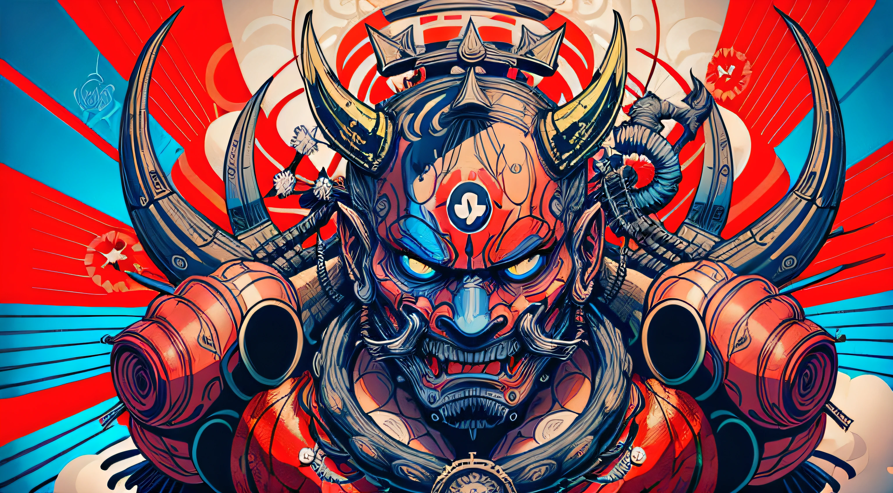Hannya style mask 0mib, ilustrador, obra-prima, alta qualidade, 8k, high resolution, alto detalhado, japanese, samurai, azul e amarelo colorido