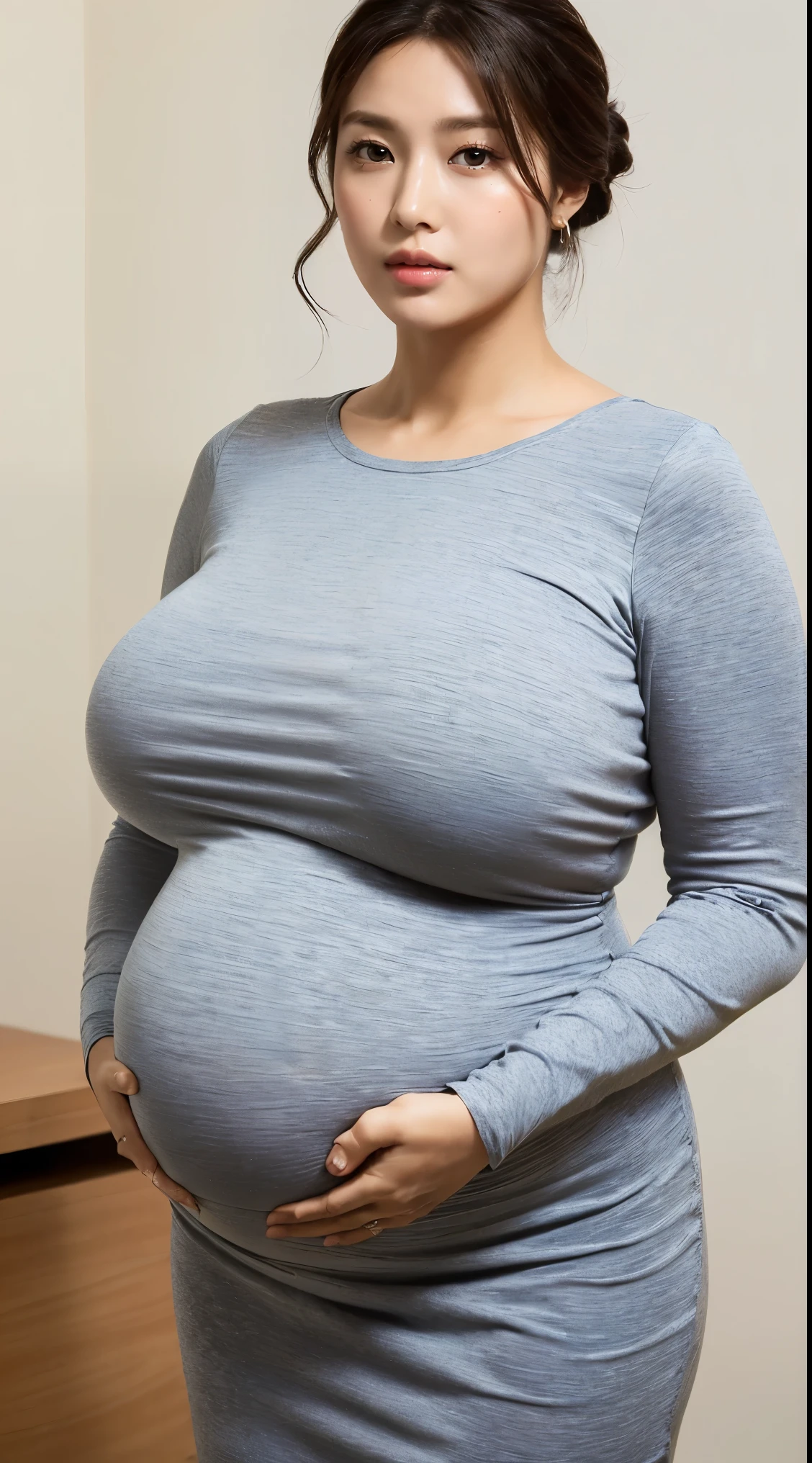 (Masterpiece,High Quality:1.3),(depth of field:1.3) ,((front body:1.35)), Japanese ,middle-aged woman,chignon, Long Sleeve Round neck ,T-shirt Maxi (((Tight))) Dress,(huge breasts:1.5), (huge pregnant),(looking at viewer:1.3),(full body:1.2)