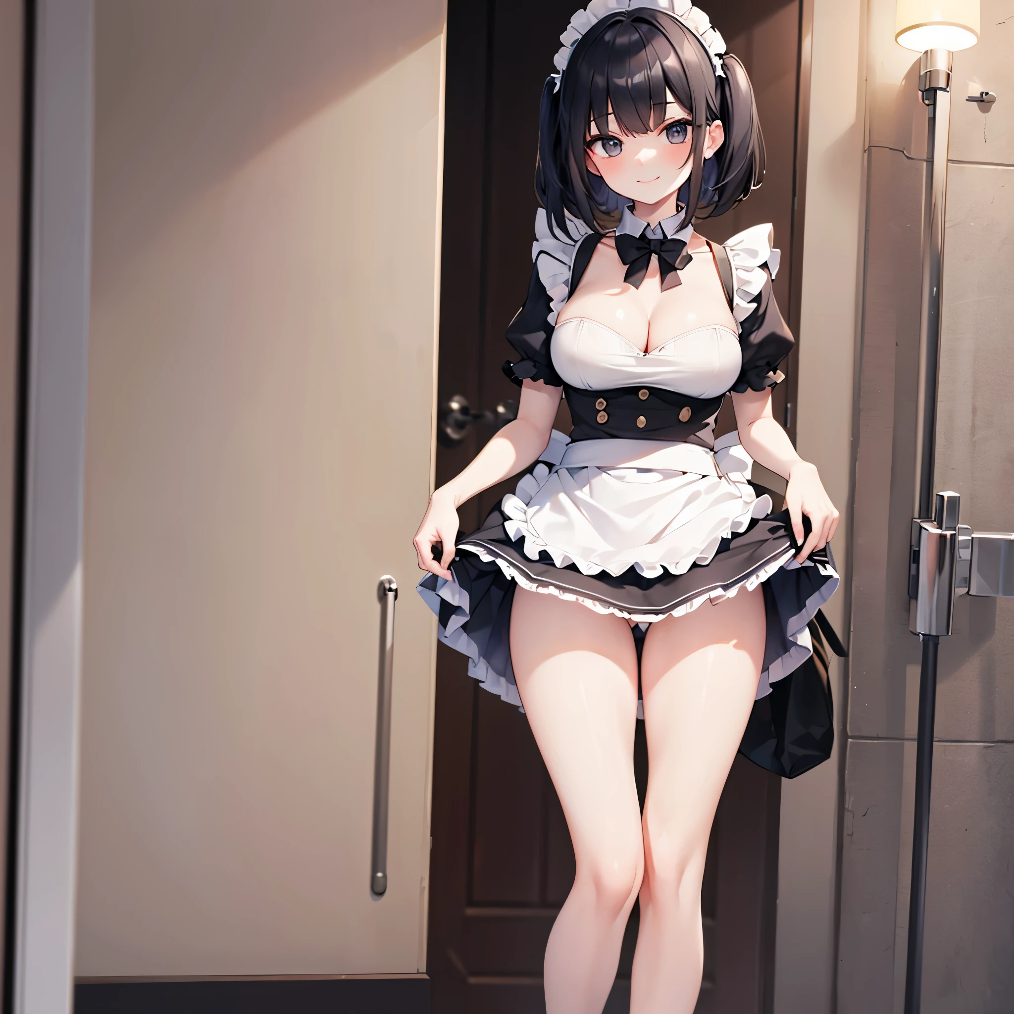 (1 solo skinny maid:1.5) standing alone in hallway, (solo:1.5), (curtsey:1.5), (both hands pinch own short mini skirt and lift mini skirt to either side higher:1.6), tiptoe, BREAK, black short hair, black eyes, smile for viewer, BREAK, (bursting large breasts), cleavage, (inconceivably narrow waist), slim hip, skinny long legs, thigh gap, perfect anatomy, BREAK, white head dress, short sleeve, frilled (too short mini skirt:1.7), frilled white apron, highheels, BREAK, (nsfw:0.45)