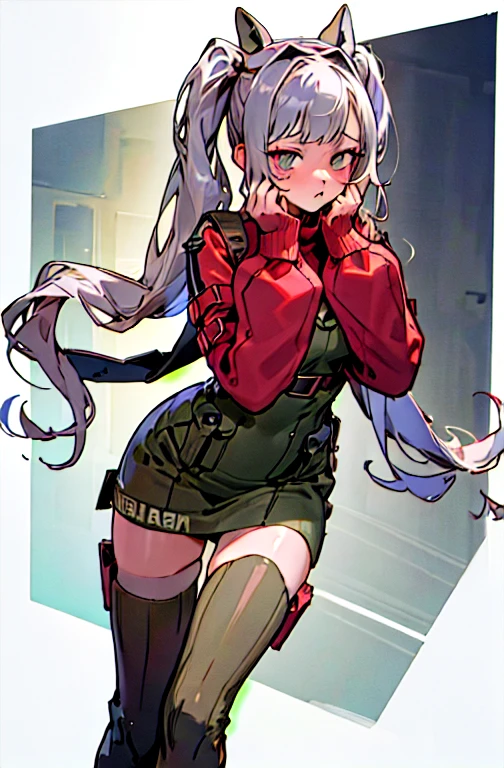 masterpiece, cute, young, long hair, best quality, in zombie home, ((worried ..expression)) ,1girl, RE4, military sweater dress, turtleneck, ribbed sweater, thigh high boots, harness, best quality, masterpiece, highres gorgeous design, best quality