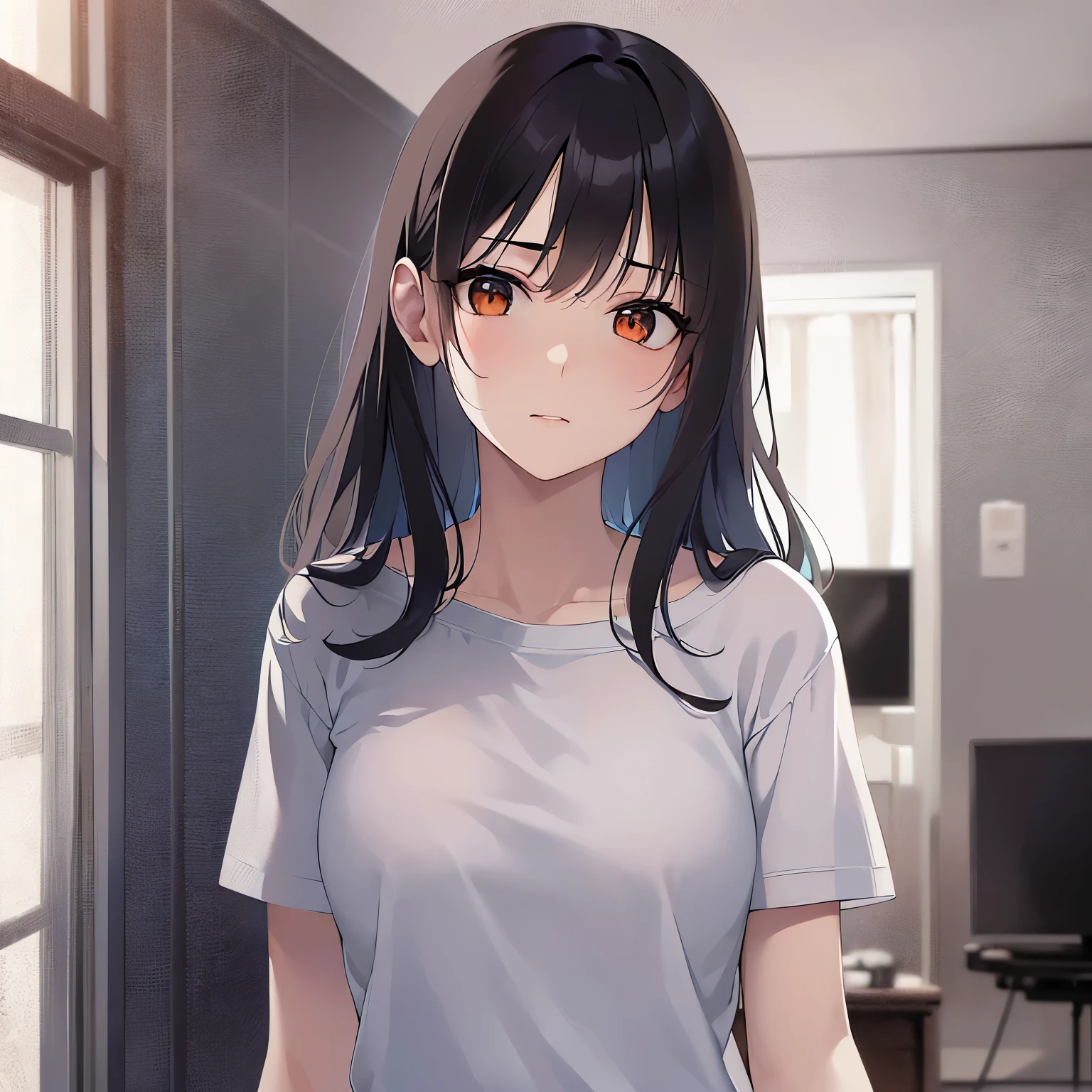 (Placing hand on chest:1.3), shooting from above、Upper Body, Realistic, real person, (pale skin: 1.2), RAW shiny skin, japanese idol、shiny hair、(25 year old woman with medium hair with bangs) and (wavy hair) and (brown hair) and (orange eyes) , (black) and (plain t-shirt) and (oversize) 、(embarrassed:1.2), The background is the living room、Alone、Are standing