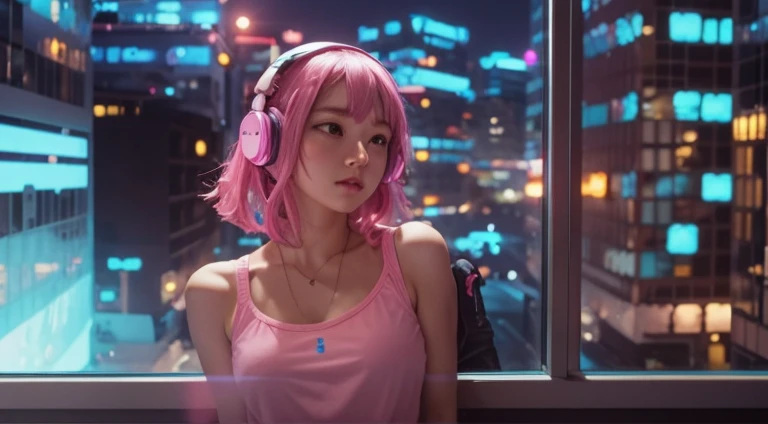 arafed woman with headphones looking out of a window at night, girl wearing headphones, lofi girl, pink headphones, with headphones, lofi portrait at a window, headphones付き, dreamy cyberpunk girl, listen to music, wearing headphones, headphones on, cute girl with pink short hair, headphones, 8K Art Germ Bokeh