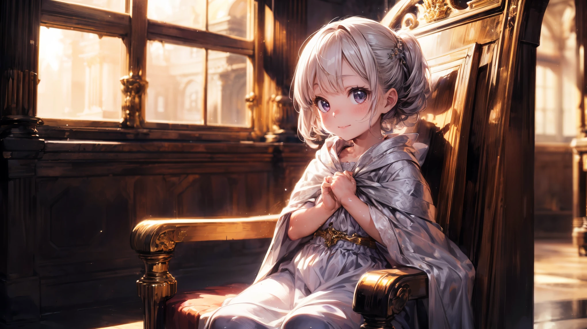 (best quality,4k,8k,highres,masterpiece:1.2),ultra-detailed,(realistic,photorealistic,photo-realistic:1.37), (solo), A cute very  (boy:1.1) wearing a white cloak and a (very long silk long dress:1.1), (prince:1.1), (best wrinkle, best shadow), (White long stockings), soft curly hair, sparkling eyes, (curious sparkling eyes, innocent smile, cheeks rosy with happiness), dainty silver crown on his head, (Sitting on an exquisite and solemn throne), In the magnificent palace, bathed in warm golden sunlight, creating a dreamy and magical atmosphere.