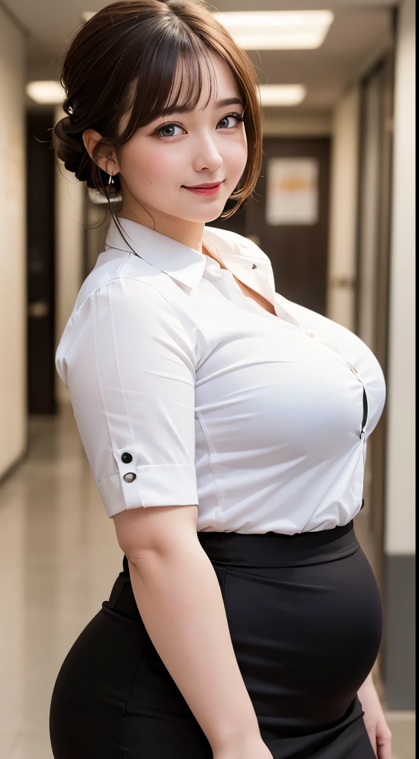 ((best quality, 8K, masterpiece)), ultra-detailed, sharp focus, 1 beautiful woman, updo, (white button shirt), ((tight shirt:1.4)), black tight skirt, highly detailed face and skin texture, ((detailed eyes)), ((beautiful eyes:1.2)), smile, office, ((chubby:1.4))