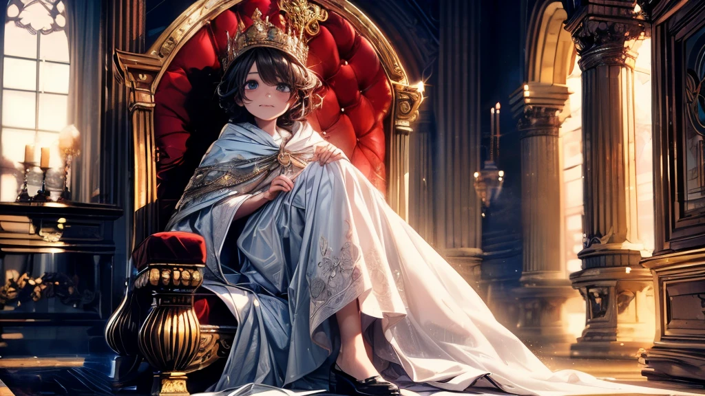 (best quality,4k,8k,highres,masterpiece:1.2),ultra-detailed,(realistic,photorealistic,photo-realistic:1.37), (solo), A cute very  (boy:1.1) wearing a white cloak and a (very long silk long dress:1.1), prince, (best wrinkle, best shadow), (White long stockings), soft curly hair, sparkling eyes, (curious sparkling eyes, innocent smile, cheeks rosy with happiness), dainty silver crown on his head, (Sitting on an exquisite and solemn throne), In the magnificent palace, bathed in warm golden sunlight, creating a dreamy and magical atmosphere.