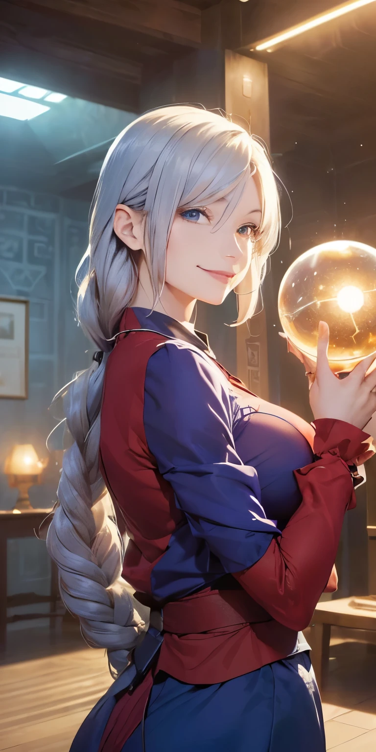 (masterpiece, best quality:1.3), (upper body:1.3), Yagokoro Eirin, Touhou Series, perfect face, expressive eyes, 1woman, looking at viewer, 38 years old, gorgeous body, big breast, beautiful, anime, lora,1woman, silver hair, braid hair, nurse cap, red and blue clothes, long skirt, (evil smile:1.5), (cinematic lighting, realistic, dream-like, enchanting atmosphere:1.5), (photo of a woman in her dark and mysterious environment:1.3), (the woman surrounded by an aura of mystery and intrigue:1.3), (in the middle of a massive modern library in the style of Tianjin Library:1.3), (candles flickering, casting dancing shadows around the room:1.3), (the dim lighting adding to the ambiance of secrecy and mysticism:1.3), (a crystal ball nearby, adding to the mystical setting:1.3), (symbols of astrology and esoteric knowledge decorating the room:1.3), (a hint of incense in the air, adding to the sensory experience:1.3),