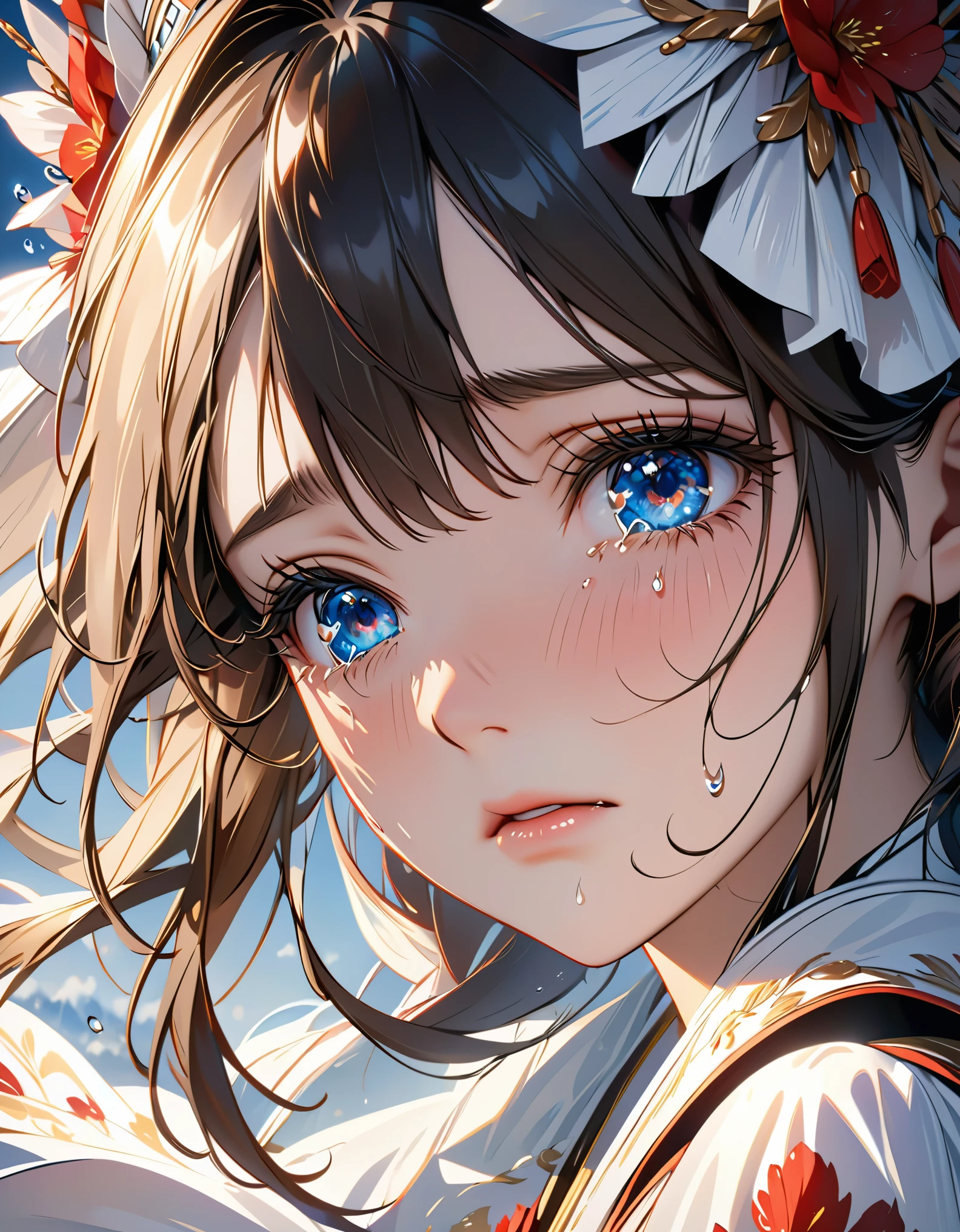 Crying maiden,close up,Tears flow down the cheeks,The eyes are sharply focused,beauty,8k,Super fine,Rich details,Extreme details,masterpiece,high quality