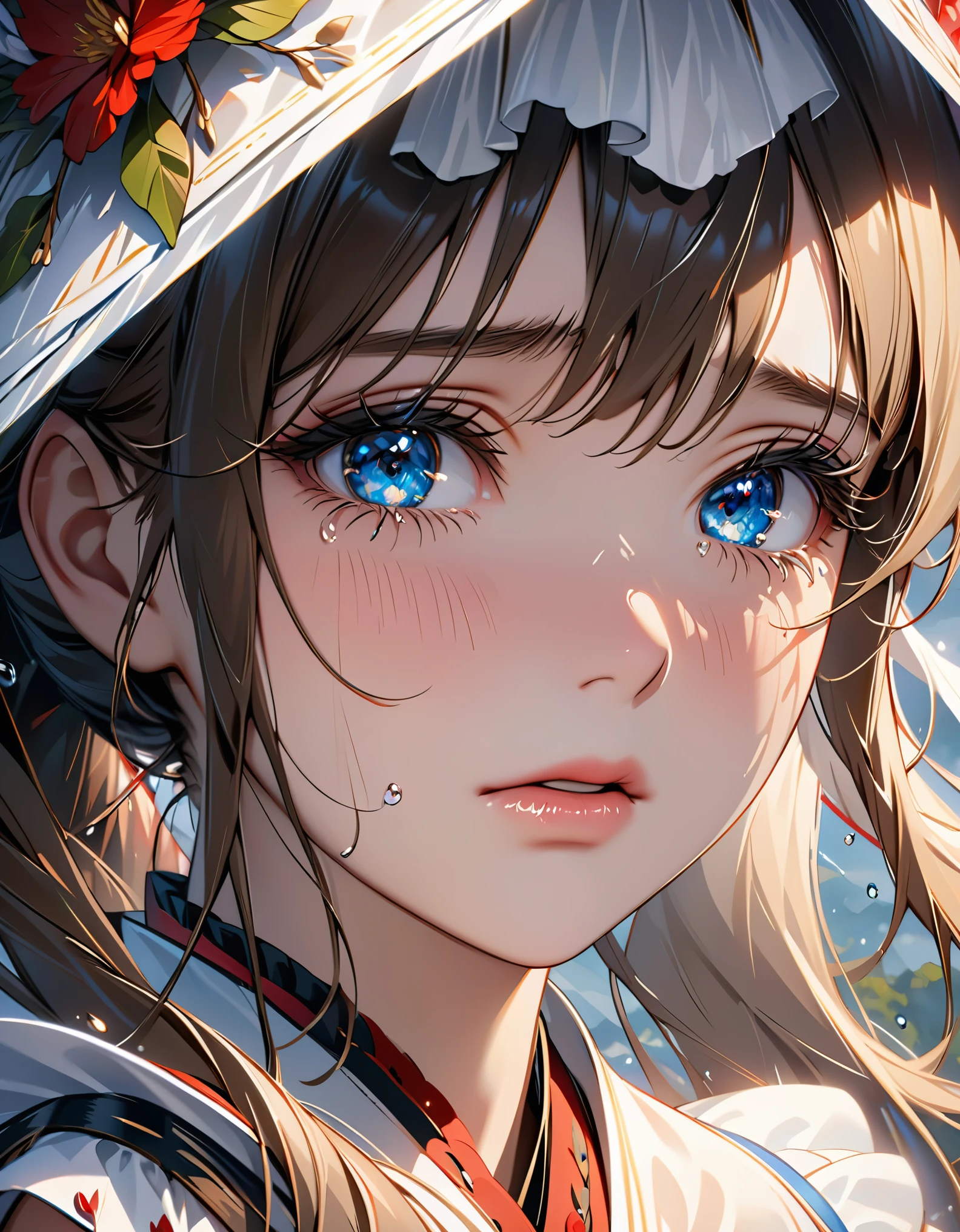 Crying maiden，close up，Tears flow down the cheeks，The eyes are sharply focused，beauty，8k，Super fine，Rich details，Extreme details，masterpiece，high quality