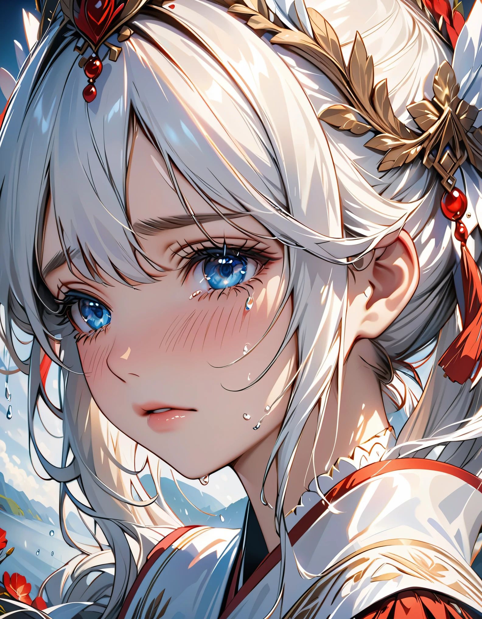 Crying maiden，close up，Tears flow down the cheeks，The eyes are sharply focused，beauty，8k，Super fine，Rich details，Extreme details，masterpiece，high quality