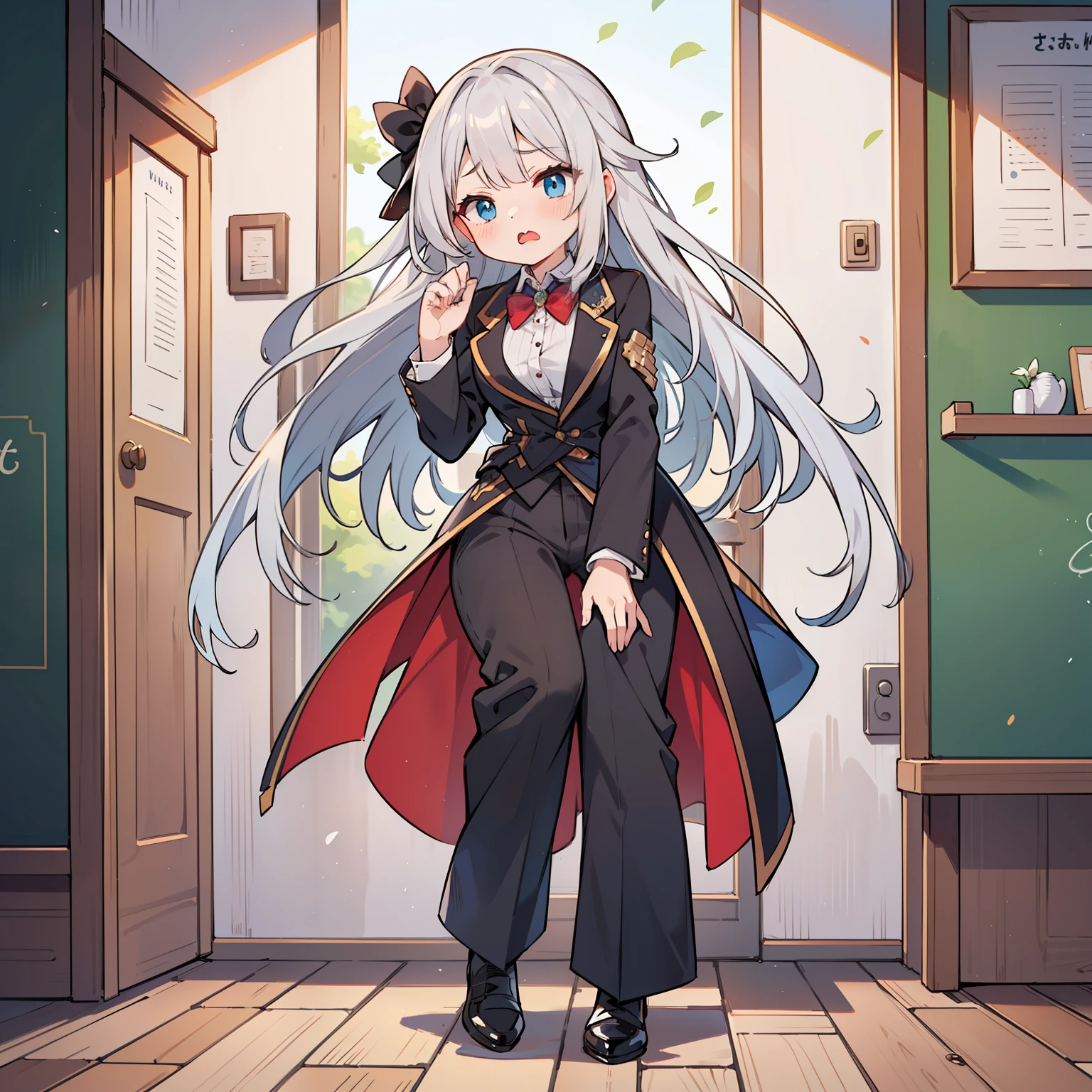 (long silver hair girl),((yawning)),(Pants style with tuxedo),blue eyes,Have a sleepy face, Full body Esbian,(((a bit))),(alone),(best image quality, In 8K, masterpiece, Super detailed),