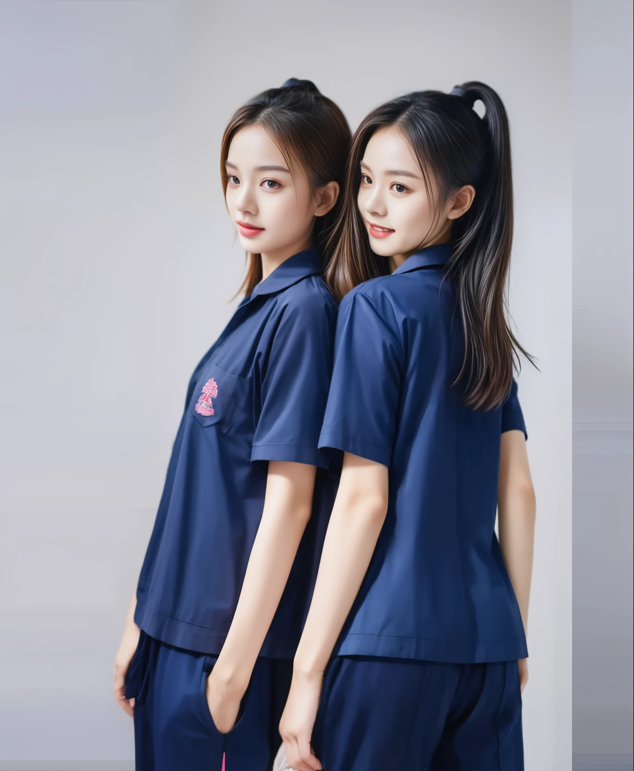 (best quality,10,10,height,Masterpiece:1.2),Special details,(realistic,ภาพrealistic,Realistic photos:1.37),1 Cute girl in the kitchen,shiny, ผิวshiny,only,smile softly,BDclothelue shirt:1.3)),short sleeve,shirt, กางเกงขาlong.,(navy_long_track pants:1.1), ((Kitchen Background)),Dynamic angle,excited,Face focus,dynamic poses,from behind,focus on ass,Masterpiece, best quality, ultra realistic, Too many details, 8k resolution, raw photos, Sharp focus, ((Navy blue shirt:1.1)), short sleeve, เส้นทางlong, perfect body, 2 mature women, 18 years old, Cinema-grade lighting system,blue sweatpants,shirtผ้าออกกำลังกาย,correct anatomy,perfect body, correct body, Sharp face, correct bodyทางกายวิภาค, full body, realistic gestures, long-haired, realistic poses,Wear long shorts...........................,ช่วงขาlong,Good shape,carved girl, Slender figure, model, Good shape, beautiful body,blue sweatpants, two girls kissing