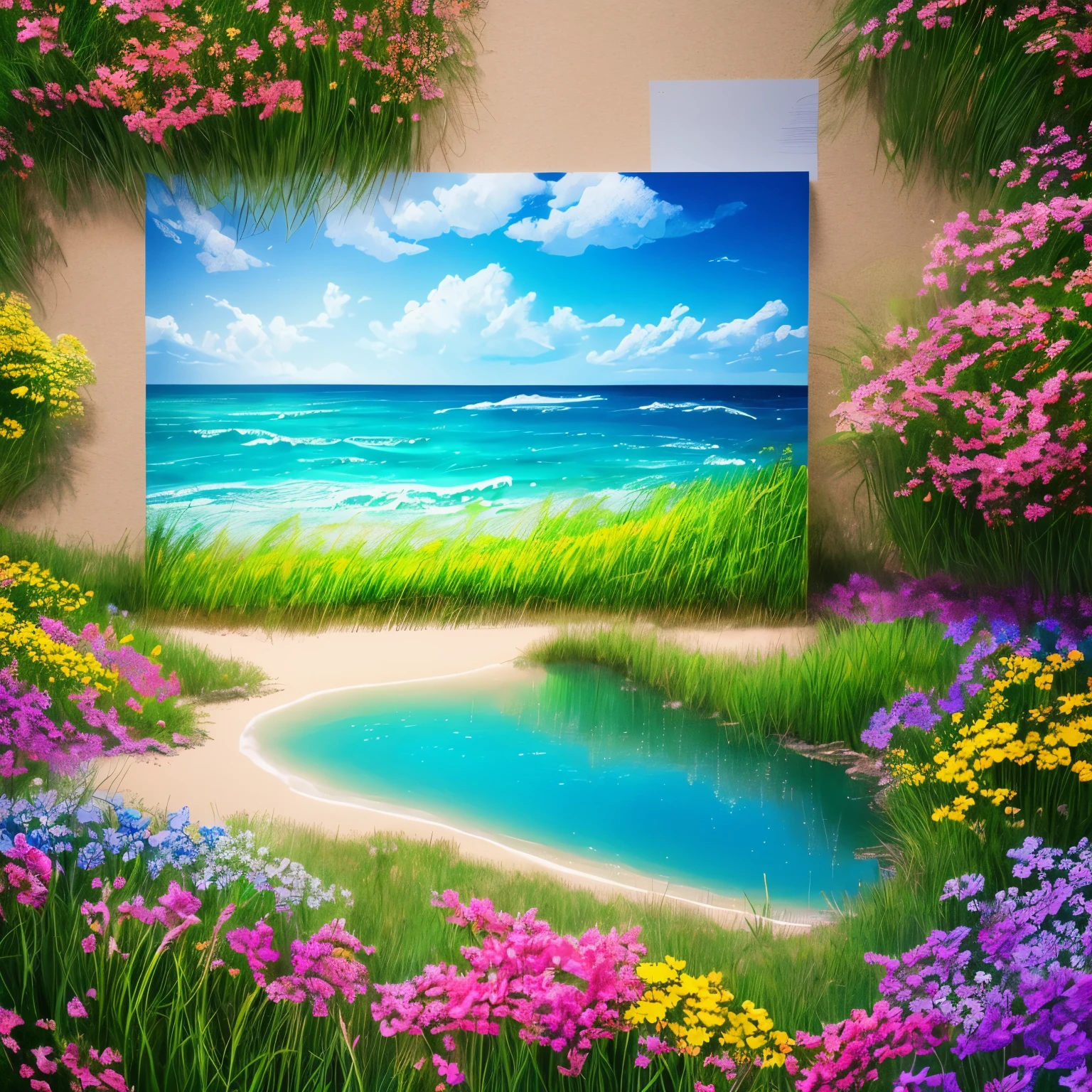 best images, (8K, Raw photo, realistic), Landscape painting drawn with shredded colored paper, turn around, Ocean, grassland, flowers, Detailed and delicate depiction, professional lighting