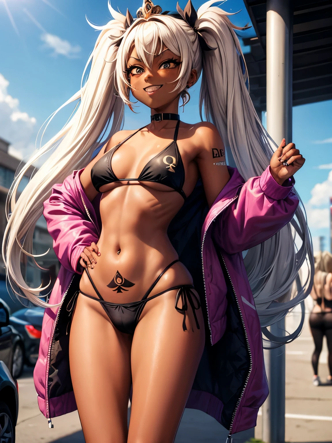 ganguro, makeup, dark skin, street, long hair, blonde hair, twintails,  black bikini that says blacked on it, sports bra, panties,
, adult, queen of spades symbol, queen of spades symbol tattoo on crotch, grin