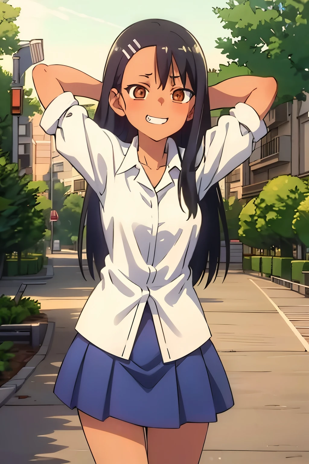 HDR, CG, sharp focus, (8k), (4k), masterpiece, best quality, sharp focus, extremely detailed, intricate, hyper detailed, nagatoro hayase, brown eyes, black hair, bangs, long hair, dark skin, hairclip, white shirt, blue skirt, no socks, uwabaki, standing, arms behind head, cowboy shot, looking at viewer, outdoors, evil grin, panties