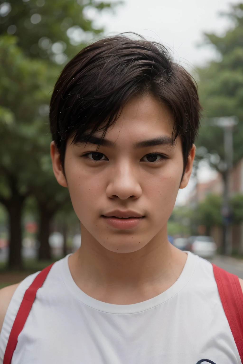 Asian boy, handsome, gorgeus eyes, wearing Sleeveless shirt, at the garden