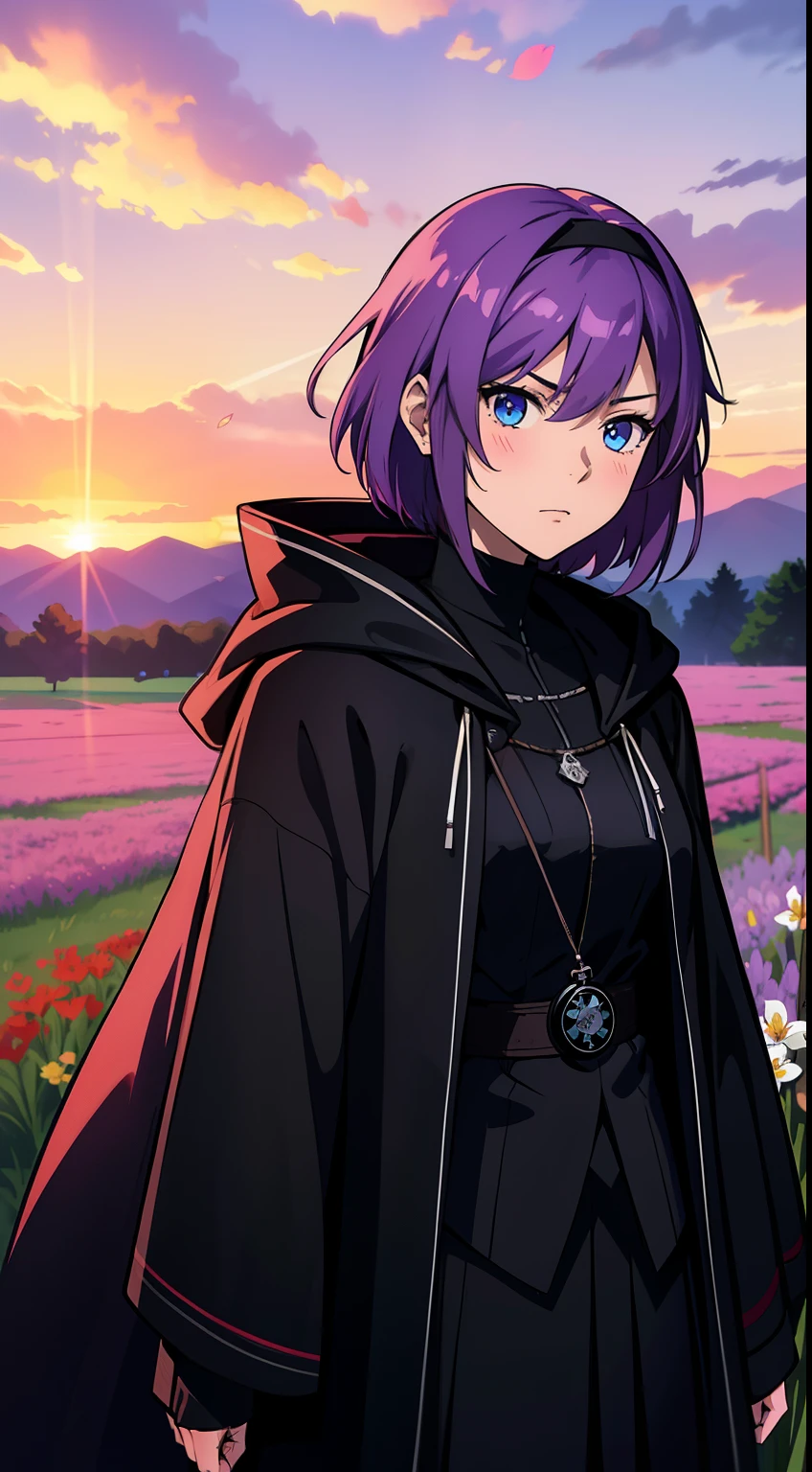 (high-quality, breathtaking),(expressive eyes, perfect face) 1girl, female, solo, teenager, light lavender purple hair, Heterochromia left red and right bluey eye color, short hair length, spiky hair, soft expression, shy, flower headband, standing in a field of flowers, meadow field background, red flowers, sunset background, flower petals, light breeze, black turtle neck shirt, hooded long sleeved black cloak, tattered clothing, gothic inspired, grim reaper inspiration, pocket watch, magic fantasy attire, adventurer attire, headshot, zoomed out, portrait, Tomohiro Kai Style
