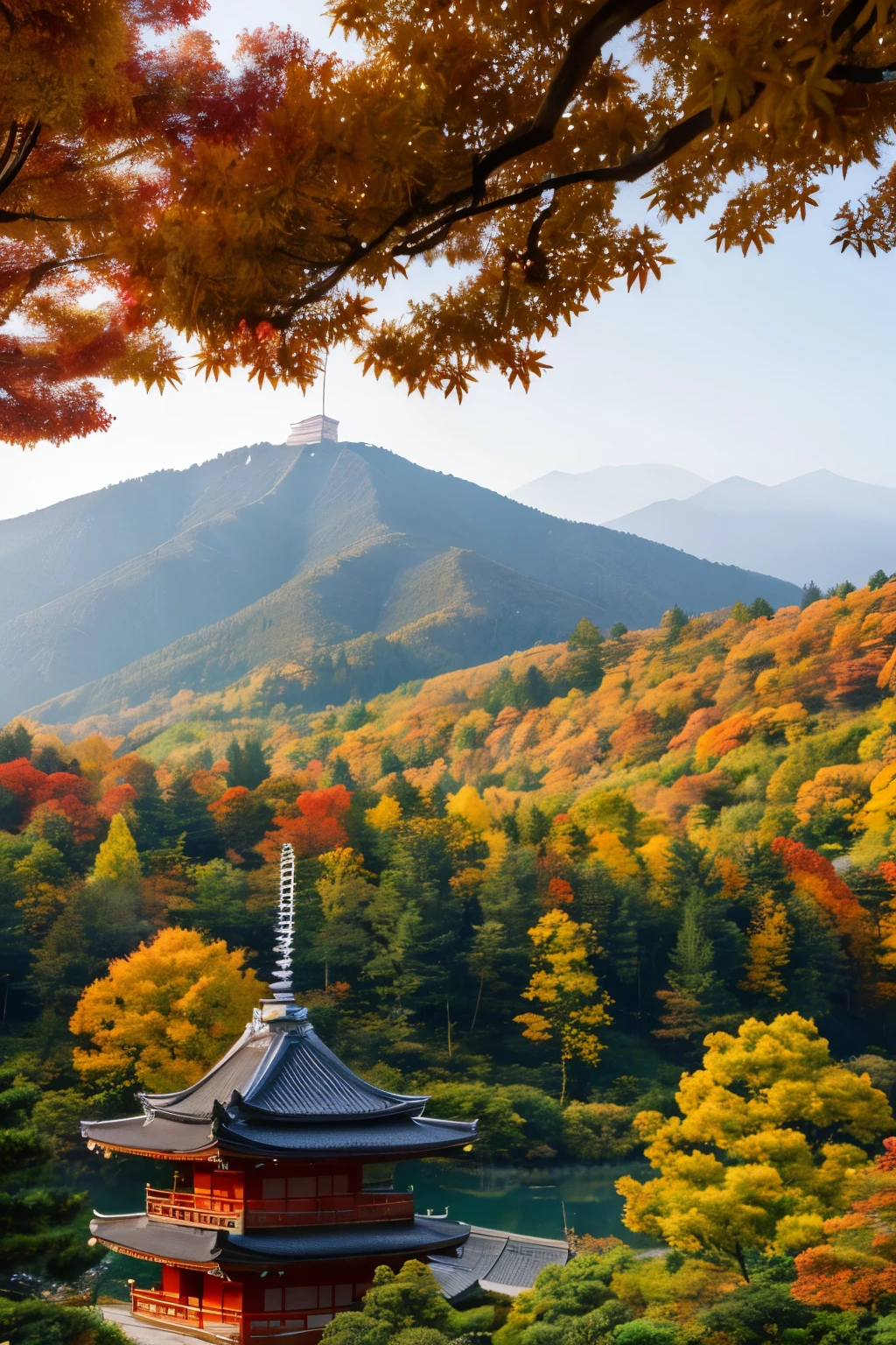 In traditional Japanese scenery、The season is autumn, and the trees in the mountains in the background are changing their leaves.　There is an old temple in the foreground　It&#39;s raining and the scenery is hazy