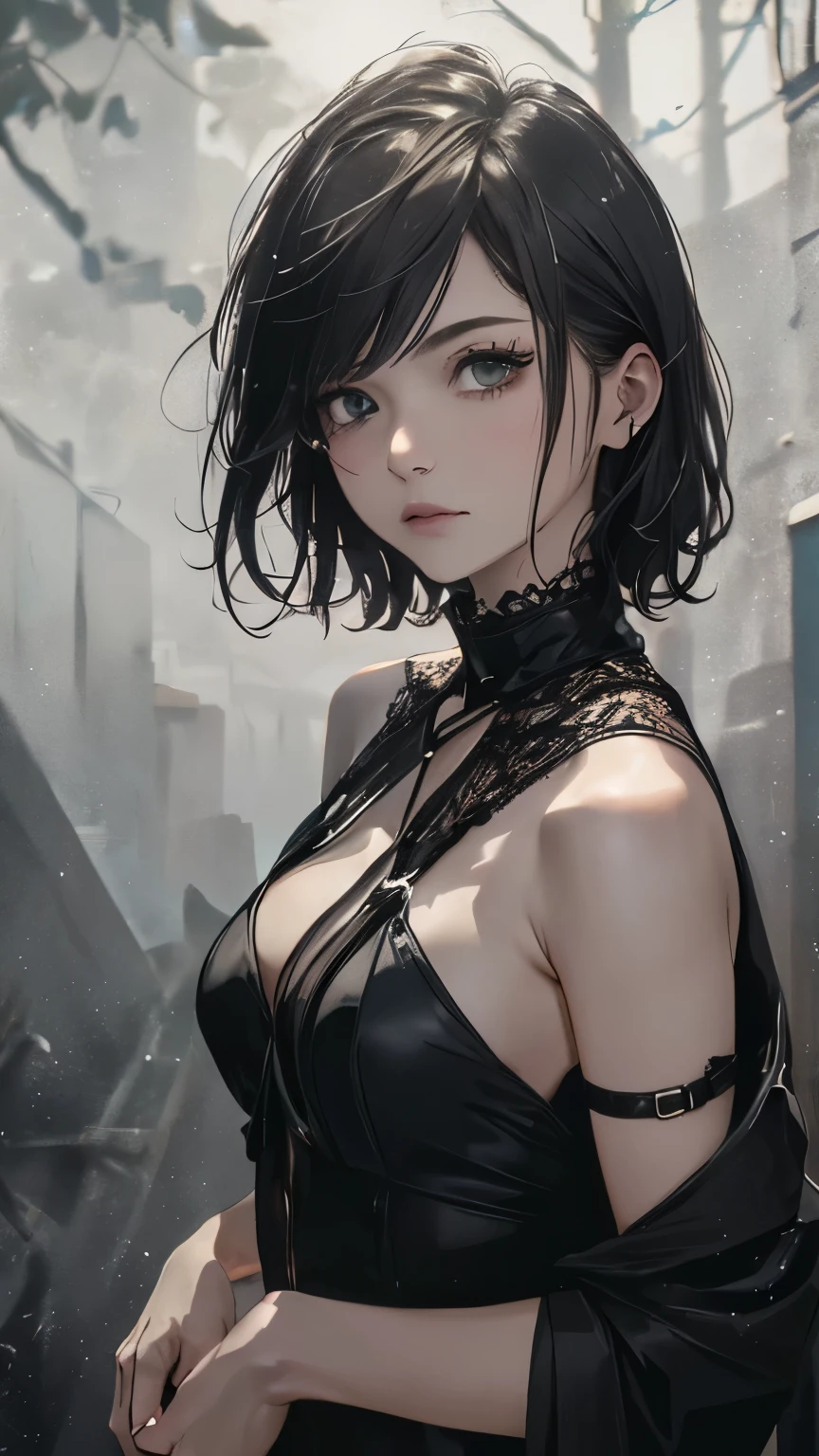 (highest quality, table top:1.2, 超A high resolution, realistic:1.5), Raw photo, 1 girl, off shoulder, in the dark, deep shadow, subdued lighting, cool tones, captivating gaze, short hair, foggy atmosphere, mysterious atmosphere, subtle highlights, dramatic contrast, elegant pose, intense emotions, mysterious beauty, enchanting darkness, attractive expression