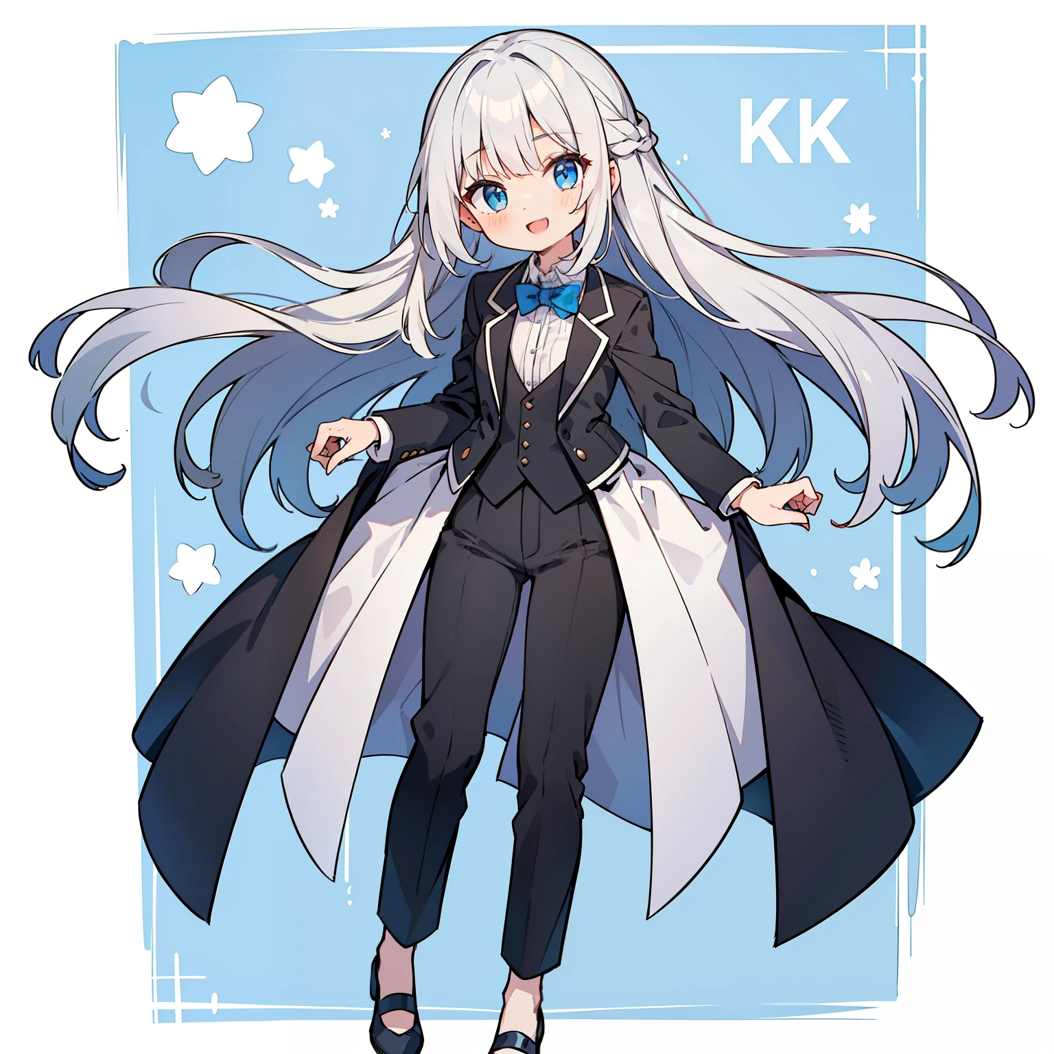 (girl with long silver hair),((hair is not spread out)),(Pants style with tuxedo),blue eyes,open your mouth, A sloppy smile, Full body Esbian,(((Little))),(solo),(Highest image quality, In 8K, masterpiece, super detail),