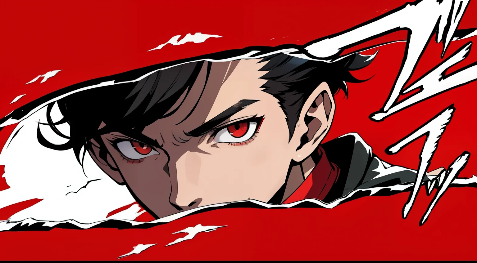 masterpiece, best quality, simple background, finely detailed, 1boy, black hair, red eyes, grey jacket, red t-shirt, Face focus, Persona 5 Art Style, {red streaked hair, messy hair, zarya haircut}