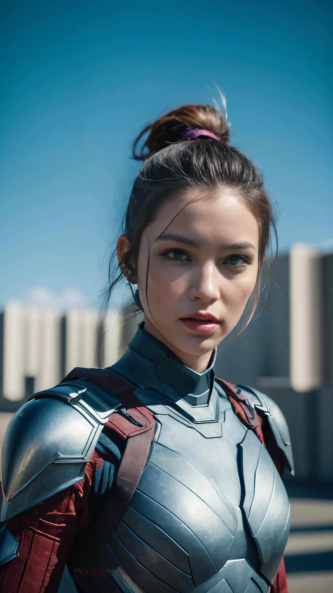 armor warrior, lively city, (inspired by the avengers), armor suit, sit down, (8K, RAW photo, realistic: 1, 25), (lots of lip gloss, lots of eyelashes, better quality, ultra high resolution, Depth of the bounds written, chromatic aberration, Broadlight, Caul Natural, distant image (1:2)