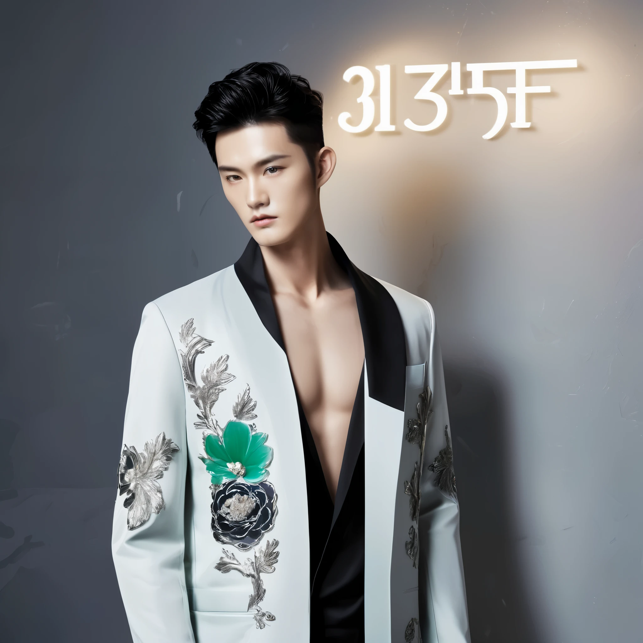 Paris Fashion Week,Chinese male model,Minimalist photography,LED backlight wall,style,gray background,Flash close-up,Exquisite facial features,perfect skin texture,Handsome face,多样style穿搭,black hair,Actor style,壁炉style,jade statue feel,Ink painting mood,Full body display,facial close-up,ultra wide angle lens,Detail texture,artistic treatment。