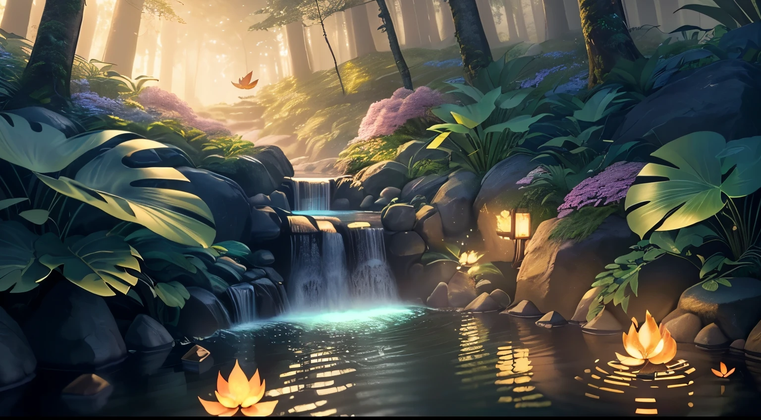 masterpiece, highest quality, (Highly detailed CG Unity 8K wallpaper), (highest quality), (best illustrations), (best shadow), glow sprite, With the shining deer, drinking water in the swimming pool, natureの要素 in the forest theme. mysterious forest, beautiful forest, nature, surrounded by flowers, delicate leaf and branches surrounded by fire Fly (natureの要素), (jungle theme), (leaf), (twig), (fire Fly), (particle effects) wait. 3D , octane rendering, ray tracing, Super detailed,