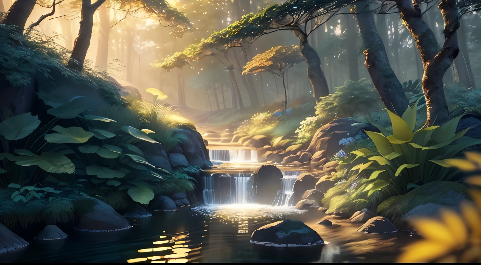 masterpiece, highest quality, (Highly detailed CG Unity 8K wallpaper), (highest quality), (best illustrations), (best shadow), glow sprite, With the shining deer, drinking water in the swimming pool, natureの要素 in the forest theme. mysterious forest, beautiful forest, nature, surrounded by flowers, delicate leaf and branches surrounded by fire Fly (natureの要素), (jungle theme), (leaf), (twig), (fire Fly), (particle effects) wait. 3D , octane rendering, ray tracing, Super detailed,